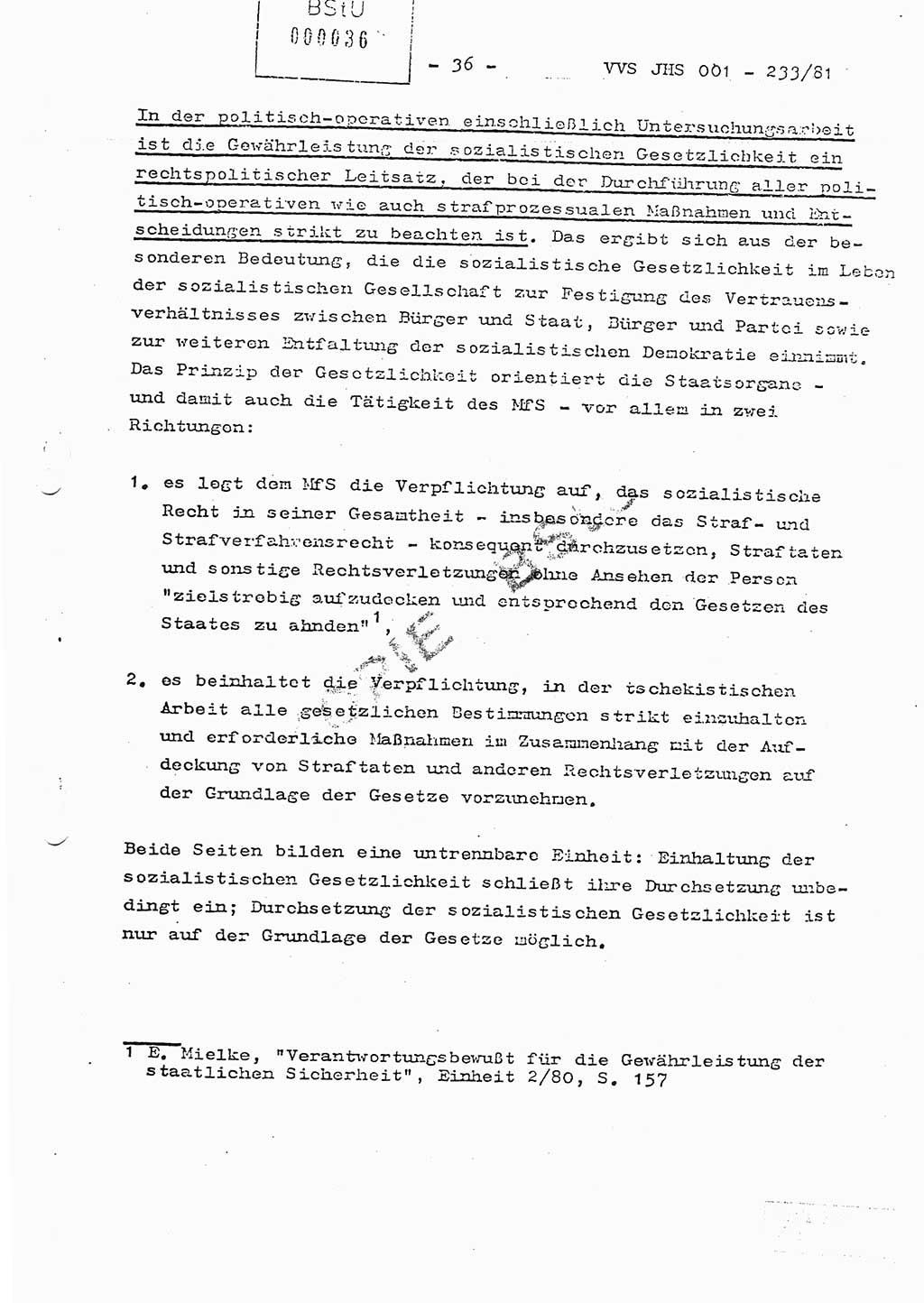 Dissertation Oberstleutnant Horst Zank (JHS), Oberstleutnant Dr. Karl-Heinz Knoblauch (JHS), Oberstleutnant Gustav-Adolf Kowalewski (HA Ⅸ), Oberstleutnant Wolfgang Plötner (HA Ⅸ), Ministerium für Staatssicherheit (MfS) [Deutsche Demokratische Republik (DDR)], Juristische Hochschule (JHS), Vertrauliche Verschlußsache (VVS) o001-233/81, Potsdam 1981, Blatt 36 (Diss. MfS DDR JHS VVS o001-233/81 1981, Bl. 36)