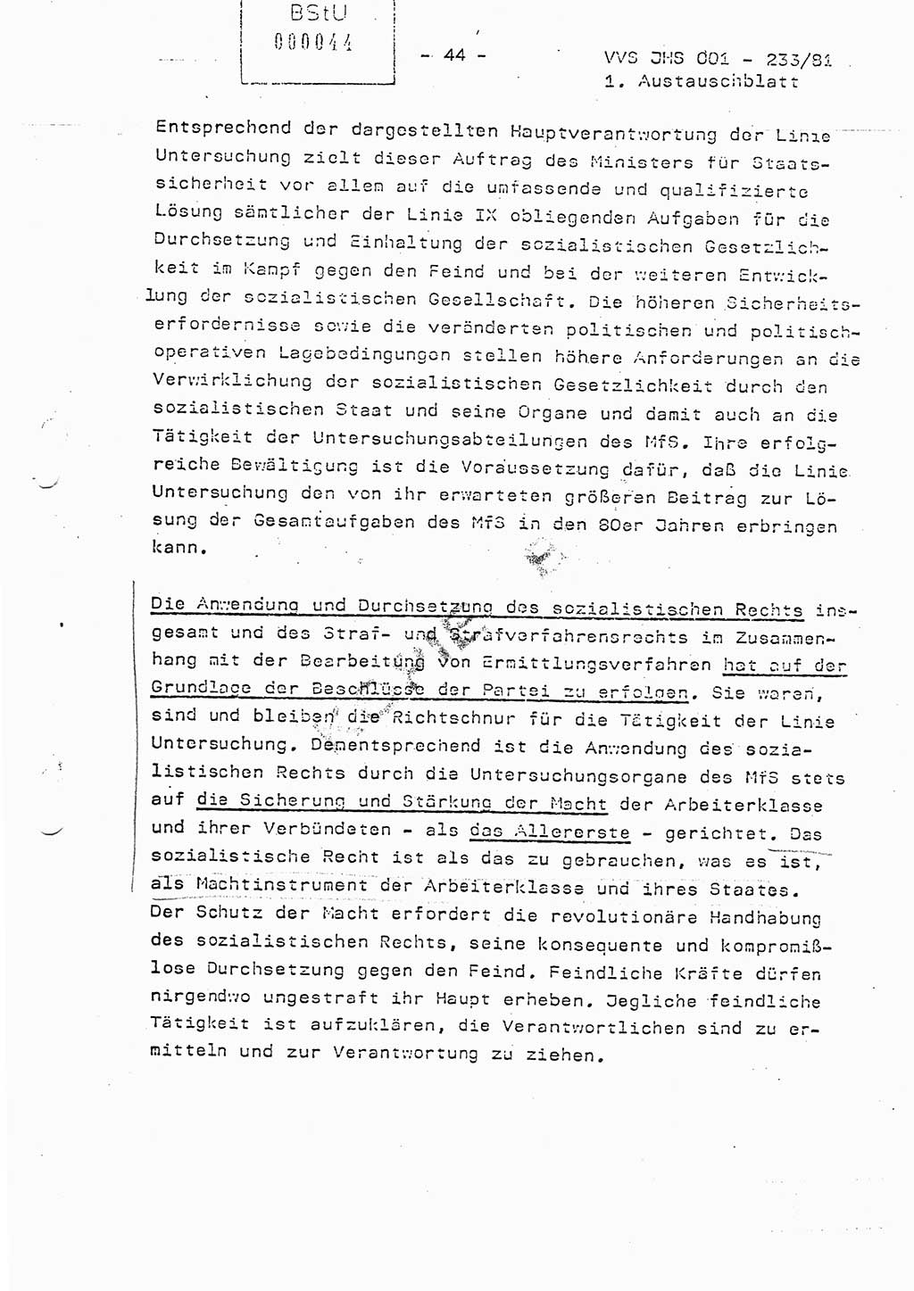 Dissertation Oberstleutnant Horst Zank (JHS), Oberstleutnant Dr. Karl-Heinz Knoblauch (JHS), Oberstleutnant Gustav-Adolf Kowalewski (HA Ⅸ), Oberstleutnant Wolfgang Plötner (HA Ⅸ), Ministerium für Staatssicherheit (MfS) [Deutsche Demokratische Republik (DDR)], Juristische Hochschule (JHS), Vertrauliche Verschlußsache (VVS) o001-233/81, Potsdam 1981, Blatt 44 (Diss. MfS DDR JHS VVS o001-233/81 1981, Bl. 44)