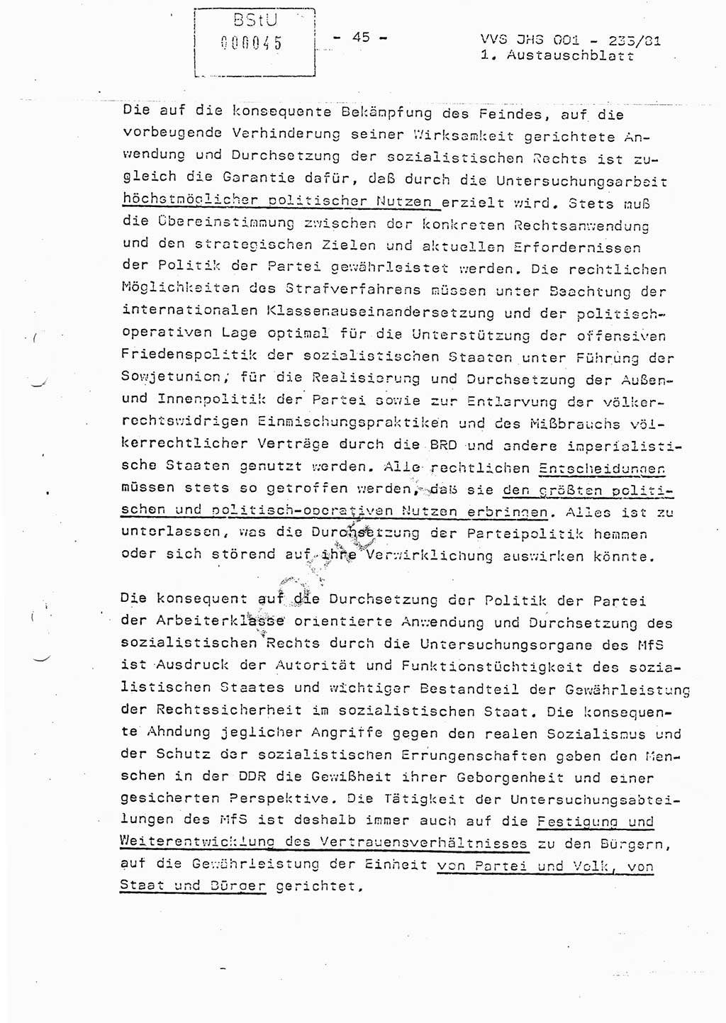 Dissertation Oberstleutnant Horst Zank (JHS), Oberstleutnant Dr. Karl-Heinz Knoblauch (JHS), Oberstleutnant Gustav-Adolf Kowalewski (HA Ⅸ), Oberstleutnant Wolfgang Plötner (HA Ⅸ), Ministerium für Staatssicherheit (MfS) [Deutsche Demokratische Republik (DDR)], Juristische Hochschule (JHS), Vertrauliche Verschlußsache (VVS) o001-233/81, Potsdam 1981, Blatt 45 (Diss. MfS DDR JHS VVS o001-233/81 1981, Bl. 45)