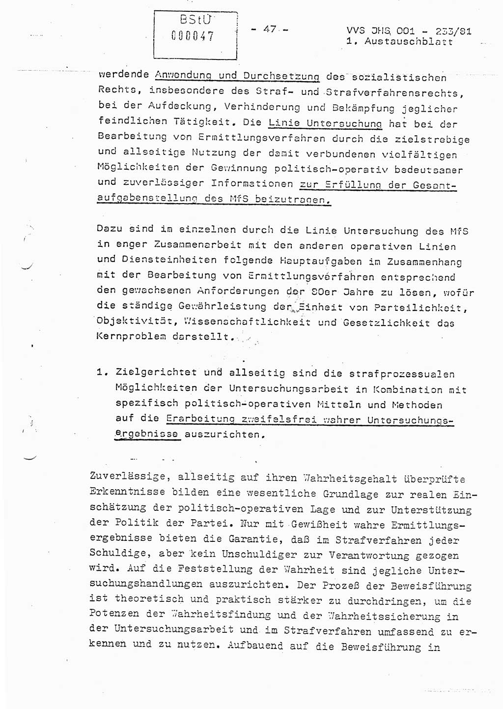 Dissertation Oberstleutnant Horst Zank (JHS), Oberstleutnant Dr. Karl-Heinz Knoblauch (JHS), Oberstleutnant Gustav-Adolf Kowalewski (HA Ⅸ), Oberstleutnant Wolfgang Plötner (HA Ⅸ), Ministerium für Staatssicherheit (MfS) [Deutsche Demokratische Republik (DDR)], Juristische Hochschule (JHS), Vertrauliche Verschlußsache (VVS) o001-233/81, Potsdam 1981, Blatt 47 (Diss. MfS DDR JHS VVS o001-233/81 1981, Bl. 47)