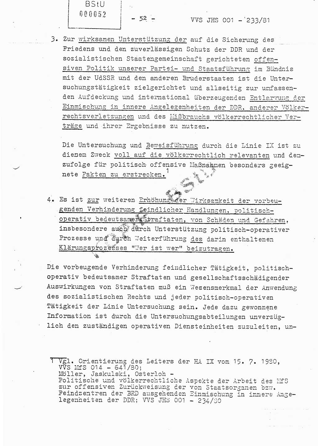 Dissertation Oberstleutnant Horst Zank (JHS), Oberstleutnant Dr. Karl-Heinz Knoblauch (JHS), Oberstleutnant Gustav-Adolf Kowalewski (HA Ⅸ), Oberstleutnant Wolfgang Plötner (HA Ⅸ), Ministerium für Staatssicherheit (MfS) [Deutsche Demokratische Republik (DDR)], Juristische Hochschule (JHS), Vertrauliche Verschlußsache (VVS) o001-233/81, Potsdam 1981, Blatt 52 (Diss. MfS DDR JHS VVS o001-233/81 1981, Bl. 52)