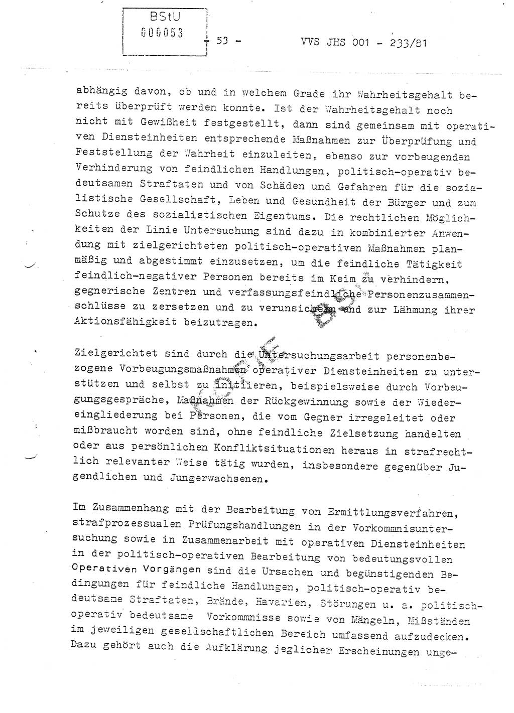 Dissertation Oberstleutnant Horst Zank (JHS), Oberstleutnant Dr. Karl-Heinz Knoblauch (JHS), Oberstleutnant Gustav-Adolf Kowalewski (HA Ⅸ), Oberstleutnant Wolfgang Plötner (HA Ⅸ), Ministerium für Staatssicherheit (MfS) [Deutsche Demokratische Republik (DDR)], Juristische Hochschule (JHS), Vertrauliche Verschlußsache (VVS) o001-233/81, Potsdam 1981, Blatt 53 (Diss. MfS DDR JHS VVS o001-233/81 1981, Bl. 53)