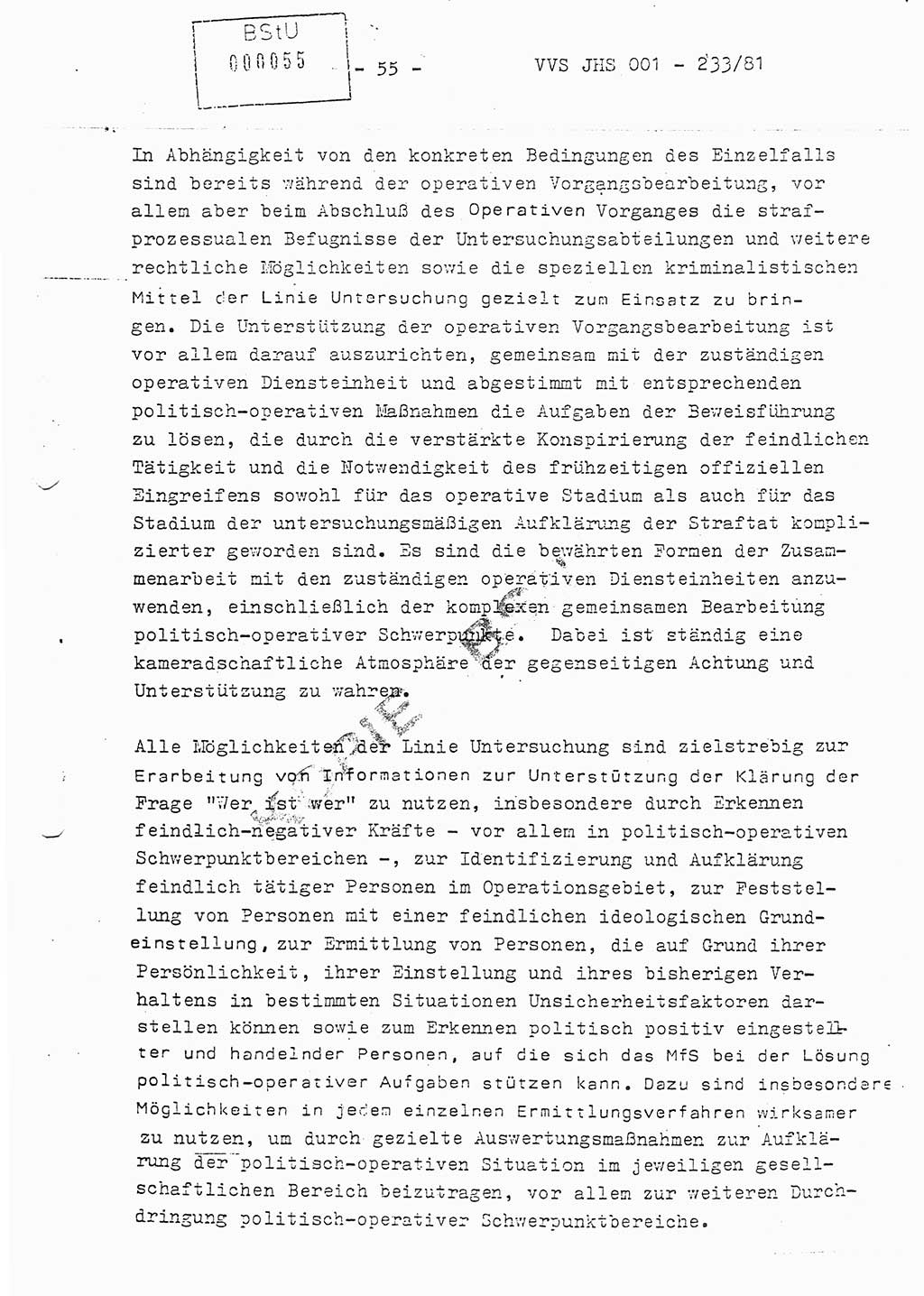 Dissertation Oberstleutnant Horst Zank (JHS), Oberstleutnant Dr. Karl-Heinz Knoblauch (JHS), Oberstleutnant Gustav-Adolf Kowalewski (HA Ⅸ), Oberstleutnant Wolfgang Plötner (HA Ⅸ), Ministerium für Staatssicherheit (MfS) [Deutsche Demokratische Republik (DDR)], Juristische Hochschule (JHS), Vertrauliche Verschlußsache (VVS) o001-233/81, Potsdam 1981, Blatt 55 (Diss. MfS DDR JHS VVS o001-233/81 1981, Bl. 55)