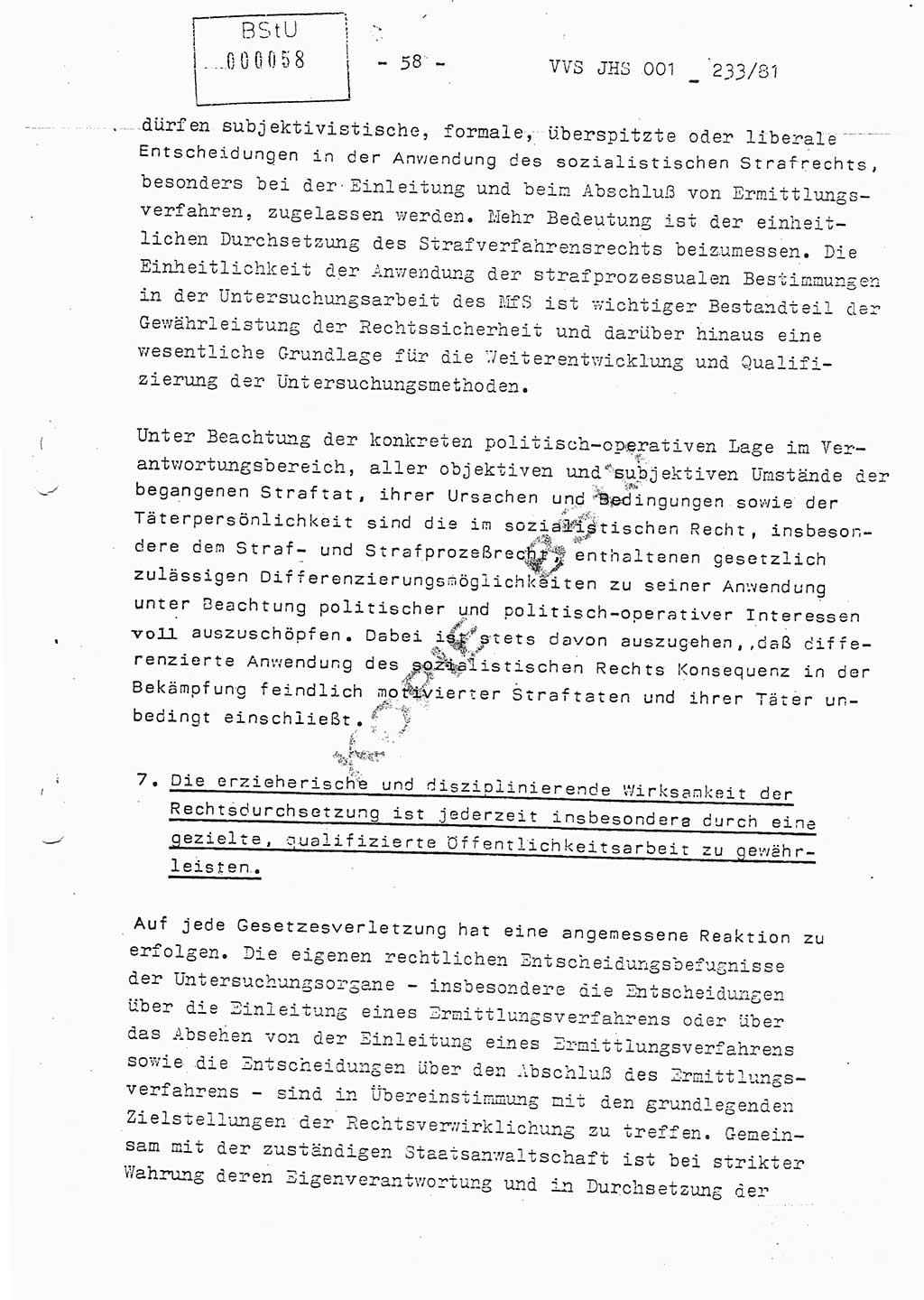 Dissertation Oberstleutnant Horst Zank (JHS), Oberstleutnant Dr. Karl-Heinz Knoblauch (JHS), Oberstleutnant Gustav-Adolf Kowalewski (HA Ⅸ), Oberstleutnant Wolfgang Plötner (HA Ⅸ), Ministerium für Staatssicherheit (MfS) [Deutsche Demokratische Republik (DDR)], Juristische Hochschule (JHS), Vertrauliche Verschlußsache (VVS) o001-233/81, Potsdam 1981, Blatt 58 (Diss. MfS DDR JHS VVS o001-233/81 1981, Bl. 58)