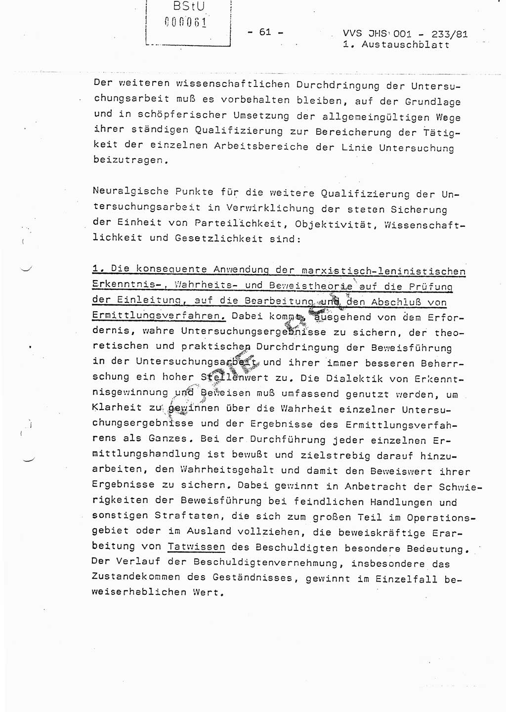 Dissertation Oberstleutnant Horst Zank (JHS), Oberstleutnant Dr. Karl-Heinz Knoblauch (JHS), Oberstleutnant Gustav-Adolf Kowalewski (HA Ⅸ), Oberstleutnant Wolfgang Plötner (HA Ⅸ), Ministerium für Staatssicherheit (MfS) [Deutsche Demokratische Republik (DDR)], Juristische Hochschule (JHS), Vertrauliche Verschlußsache (VVS) o001-233/81, Potsdam 1981, Blatt 61 (Diss. MfS DDR JHS VVS o001-233/81 1981, Bl. 61)