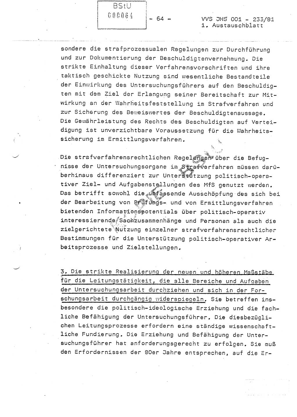 Dissertation Oberstleutnant Horst Zank (JHS), Oberstleutnant Dr. Karl-Heinz Knoblauch (JHS), Oberstleutnant Gustav-Adolf Kowalewski (HA Ⅸ), Oberstleutnant Wolfgang Plötner (HA Ⅸ), Ministerium für Staatssicherheit (MfS) [Deutsche Demokratische Republik (DDR)], Juristische Hochschule (JHS), Vertrauliche Verschlußsache (VVS) o001-233/81, Potsdam 1981, Blatt 64 (Diss. MfS DDR JHS VVS o001-233/81 1981, Bl. 64)