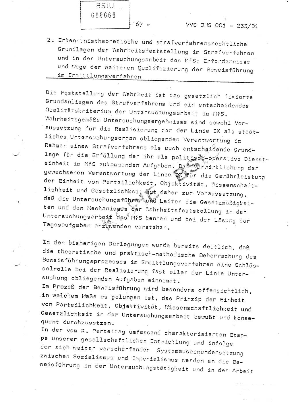 Dissertation Oberstleutnant Horst Zank (JHS), Oberstleutnant Dr. Karl-Heinz Knoblauch (JHS), Oberstleutnant Gustav-Adolf Kowalewski (HA Ⅸ), Oberstleutnant Wolfgang Plötner (HA Ⅸ), Ministerium für Staatssicherheit (MfS) [Deutsche Demokratische Republik (DDR)], Juristische Hochschule (JHS), Vertrauliche Verschlußsache (VVS) o001-233/81, Potsdam 1981, Blatt 67 (Diss. MfS DDR JHS VVS o001-233/81 1981, Bl. 67)