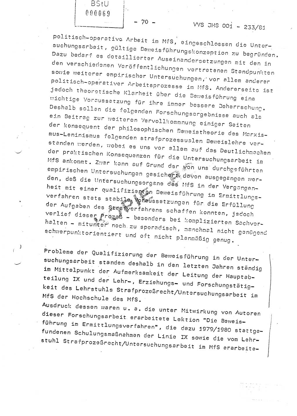 Dissertation Oberstleutnant Horst Zank (JHS), Oberstleutnant Dr. Karl-Heinz Knoblauch (JHS), Oberstleutnant Gustav-Adolf Kowalewski (HA Ⅸ), Oberstleutnant Wolfgang Plötner (HA Ⅸ), Ministerium für Staatssicherheit (MfS) [Deutsche Demokratische Republik (DDR)], Juristische Hochschule (JHS), Vertrauliche Verschlußsache (VVS) o001-233/81, Potsdam 1981, Blatt 70 (Diss. MfS DDR JHS VVS o001-233/81 1981, Bl. 70)