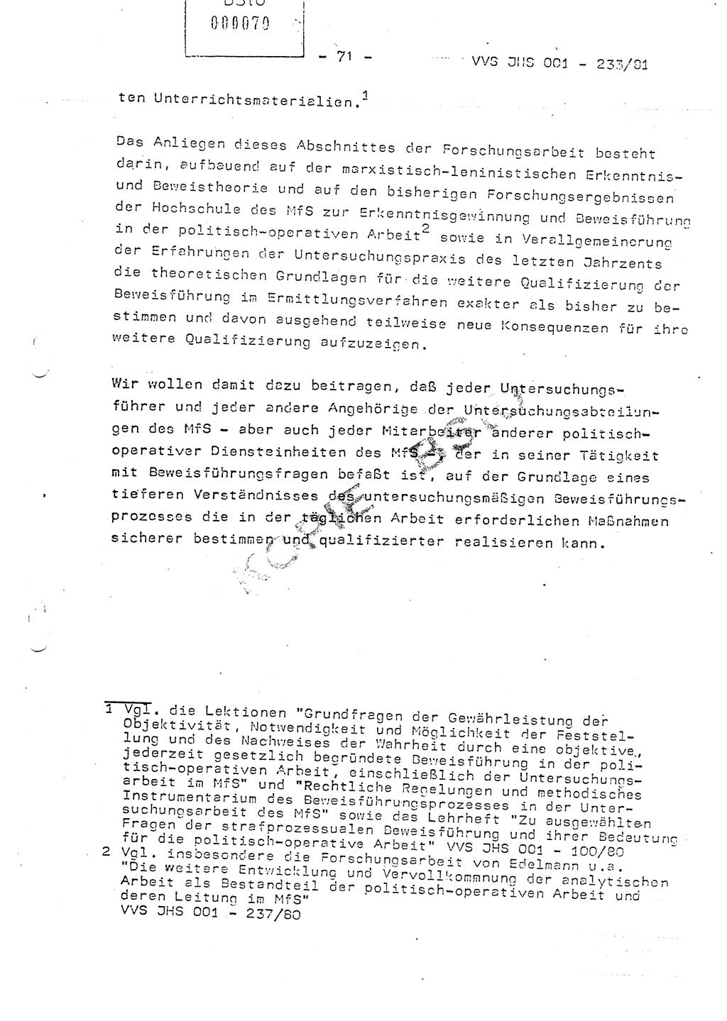 Dissertation Oberstleutnant Horst Zank (JHS), Oberstleutnant Dr. Karl-Heinz Knoblauch (JHS), Oberstleutnant Gustav-Adolf Kowalewski (HA Ⅸ), Oberstleutnant Wolfgang Plötner (HA Ⅸ), Ministerium für Staatssicherheit (MfS) [Deutsche Demokratische Republik (DDR)], Juristische Hochschule (JHS), Vertrauliche Verschlußsache (VVS) o001-233/81, Potsdam 1981, Blatt 71 (Diss. MfS DDR JHS VVS o001-233/81 1981, Bl. 71)