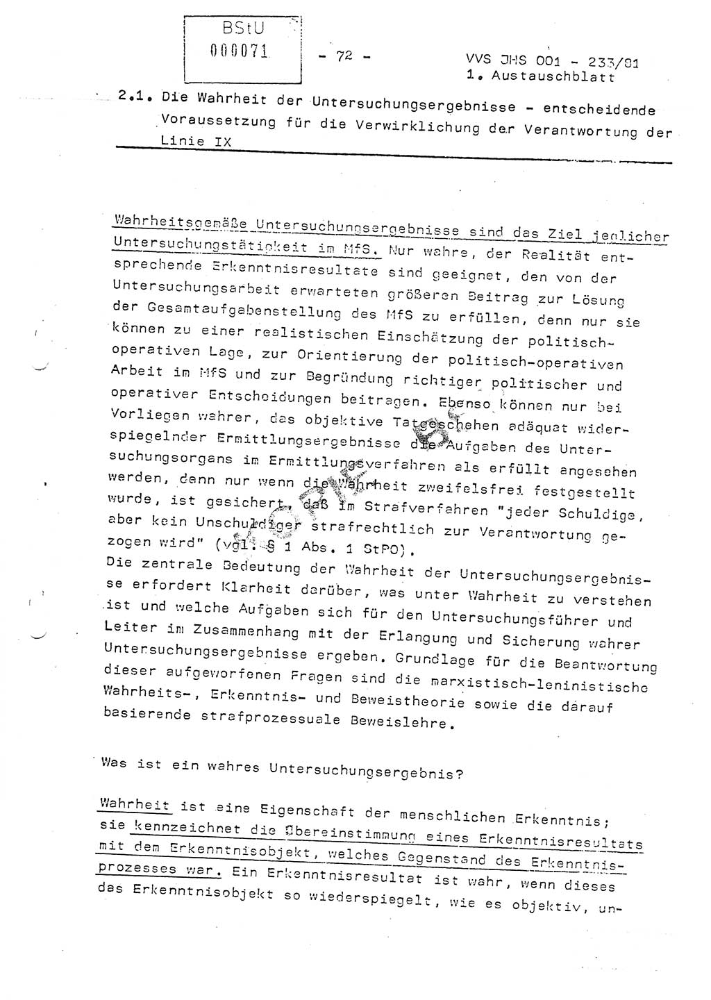 Dissertation Oberstleutnant Horst Zank (JHS), Oberstleutnant Dr. Karl-Heinz Knoblauch (JHS), Oberstleutnant Gustav-Adolf Kowalewski (HA Ⅸ), Oberstleutnant Wolfgang Plötner (HA Ⅸ), Ministerium für Staatssicherheit (MfS) [Deutsche Demokratische Republik (DDR)], Juristische Hochschule (JHS), Vertrauliche Verschlußsache (VVS) o001-233/81, Potsdam 1981, Blatt 72 (Diss. MfS DDR JHS VVS o001-233/81 1981, Bl. 72)