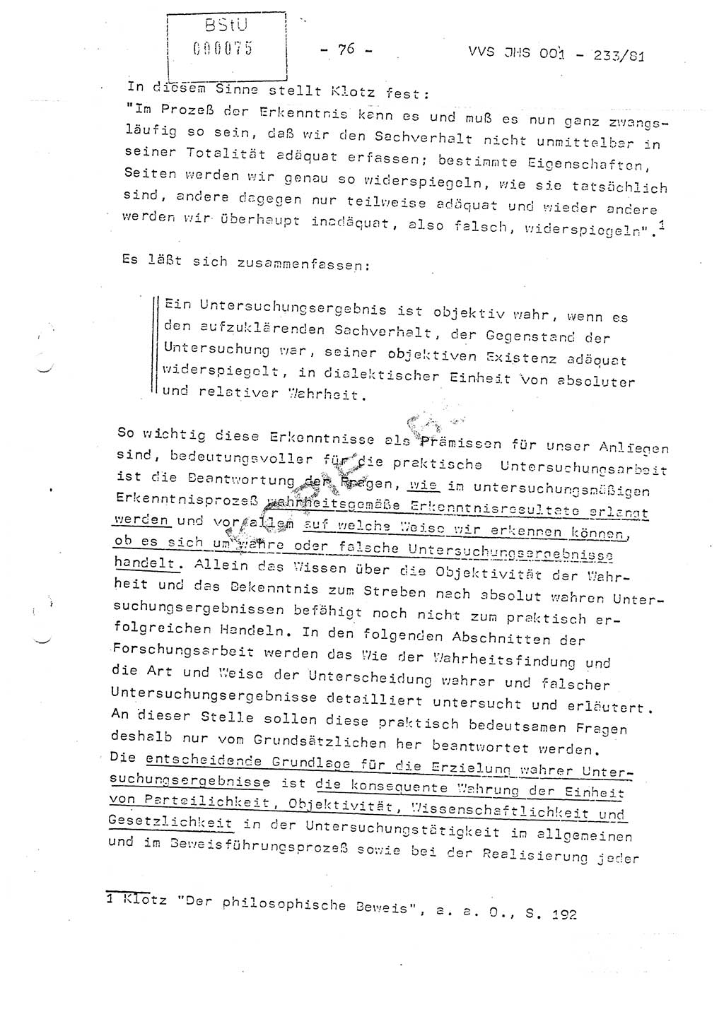 Dissertation Oberstleutnant Horst Zank (JHS), Oberstleutnant Dr. Karl-Heinz Knoblauch (JHS), Oberstleutnant Gustav-Adolf Kowalewski (HA Ⅸ), Oberstleutnant Wolfgang Plötner (HA Ⅸ), Ministerium für Staatssicherheit (MfS) [Deutsche Demokratische Republik (DDR)], Juristische Hochschule (JHS), Vertrauliche Verschlußsache (VVS) o001-233/81, Potsdam 1981, Blatt 76 (Diss. MfS DDR JHS VVS o001-233/81 1981, Bl. 76)