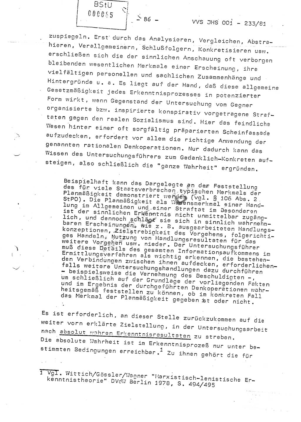 Dissertation Oberstleutnant Horst Zank (JHS), Oberstleutnant Dr. Karl-Heinz Knoblauch (JHS), Oberstleutnant Gustav-Adolf Kowalewski (HA Ⅸ), Oberstleutnant Wolfgang Plötner (HA Ⅸ), Ministerium für Staatssicherheit (MfS) [Deutsche Demokratische Republik (DDR)], Juristische Hochschule (JHS), Vertrauliche Verschlußsache (VVS) o001-233/81, Potsdam 1981, Blatt 86 (Diss. MfS DDR JHS VVS o001-233/81 1981, Bl. 86)