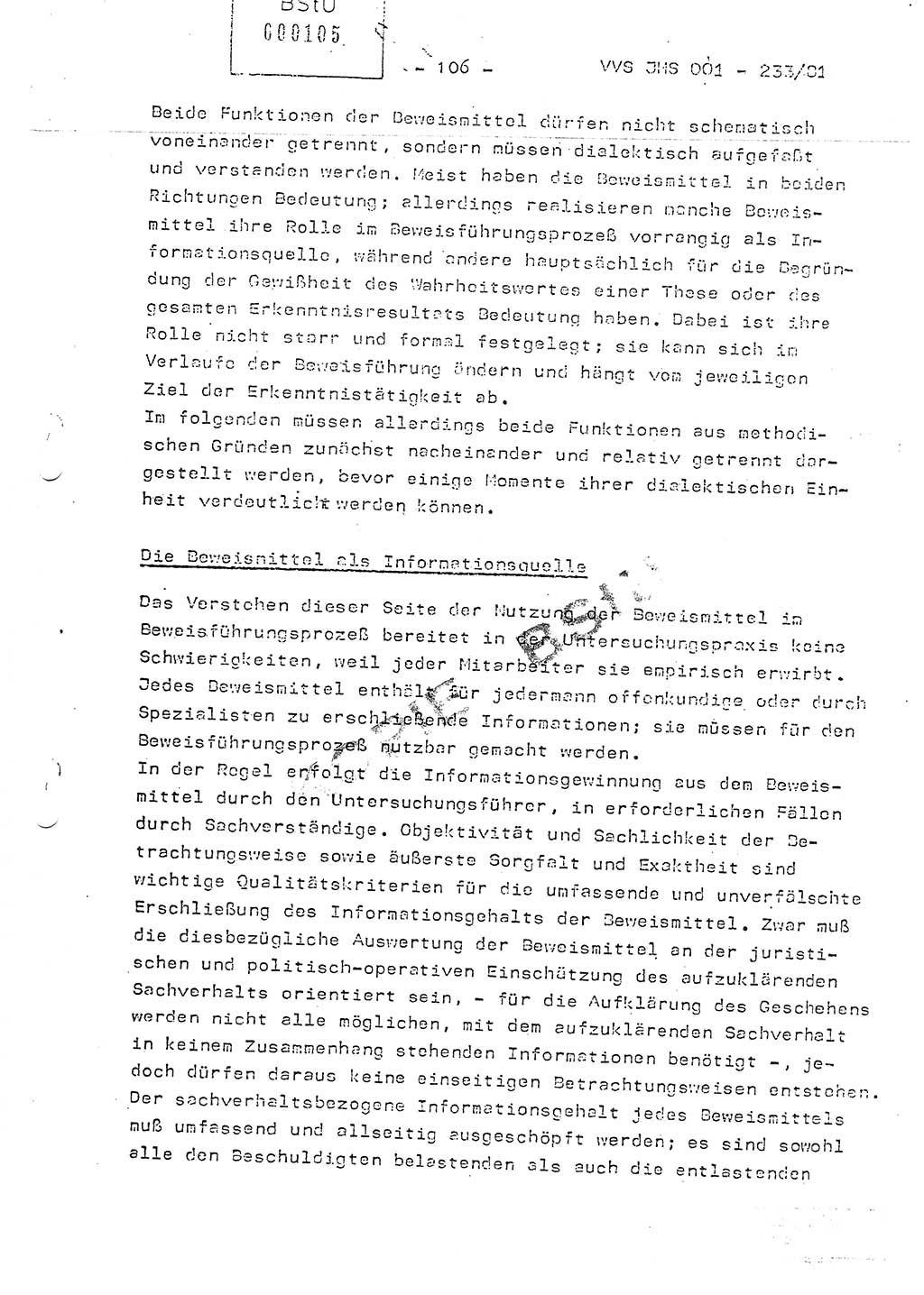 Dissertation Oberstleutnant Horst Zank (JHS), Oberstleutnant Dr. Karl-Heinz Knoblauch (JHS), Oberstleutnant Gustav-Adolf Kowalewski (HA Ⅸ), Oberstleutnant Wolfgang Plötner (HA Ⅸ), Ministerium für Staatssicherheit (MfS) [Deutsche Demokratische Republik (DDR)], Juristische Hochschule (JHS), Vertrauliche Verschlußsache (VVS) o001-233/81, Potsdam 1981, Blatt 106 (Diss. MfS DDR JHS VVS o001-233/81 1981, Bl. 106)