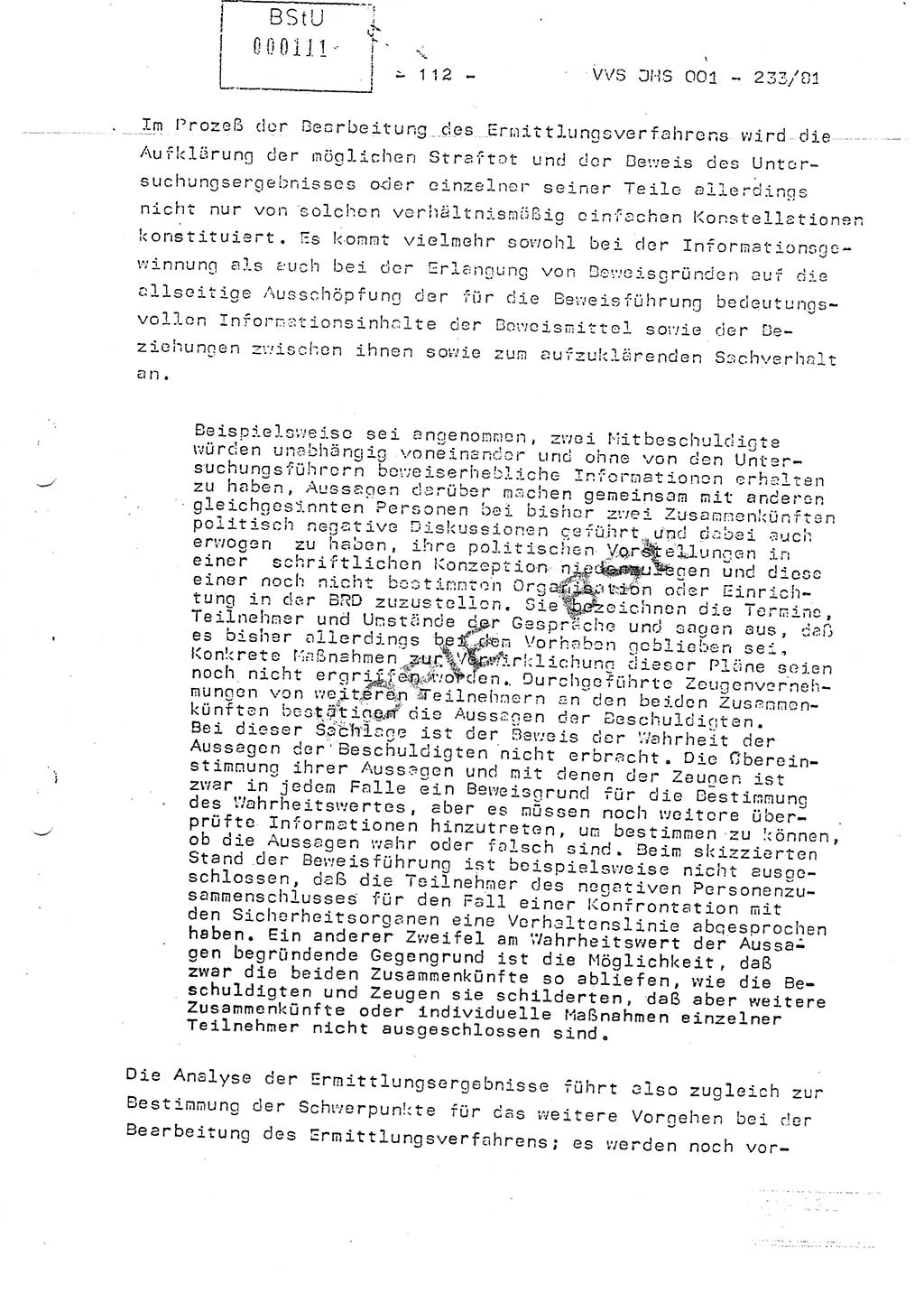 Dissertation Oberstleutnant Horst Zank (JHS), Oberstleutnant Dr. Karl-Heinz Knoblauch (JHS), Oberstleutnant Gustav-Adolf Kowalewski (HA Ⅸ), Oberstleutnant Wolfgang Plötner (HA Ⅸ), Ministerium für Staatssicherheit (MfS) [Deutsche Demokratische Republik (DDR)], Juristische Hochschule (JHS), Vertrauliche Verschlußsache (VVS) o001-233/81, Potsdam 1981, Blatt 112 (Diss. MfS DDR JHS VVS o001-233/81 1981, Bl. 112)