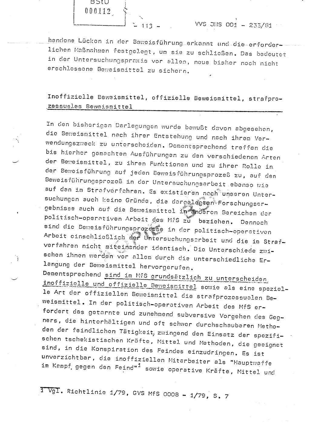 Dissertation Oberstleutnant Horst Zank (JHS), Oberstleutnant Dr. Karl-Heinz Knoblauch (JHS), Oberstleutnant Gustav-Adolf Kowalewski (HA Ⅸ), Oberstleutnant Wolfgang Plötner (HA Ⅸ), Ministerium für Staatssicherheit (MfS) [Deutsche Demokratische Republik (DDR)], Juristische Hochschule (JHS), Vertrauliche Verschlußsache (VVS) o001-233/81, Potsdam 1981, Blatt 113 (Diss. MfS DDR JHS VVS o001-233/81 1981, Bl. 113)