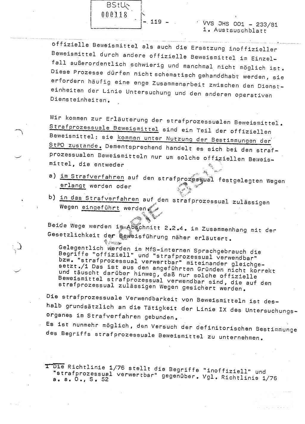 Dissertation Oberstleutnant Horst Zank (JHS), Oberstleutnant Dr. Karl-Heinz Knoblauch (JHS), Oberstleutnant Gustav-Adolf Kowalewski (HA Ⅸ), Oberstleutnant Wolfgang Plötner (HA Ⅸ), Ministerium für Staatssicherheit (MfS) [Deutsche Demokratische Republik (DDR)], Juristische Hochschule (JHS), Vertrauliche Verschlußsache (VVS) o001-233/81, Potsdam 1981, Blatt 119 (Diss. MfS DDR JHS VVS o001-233/81 1981, Bl. 119)