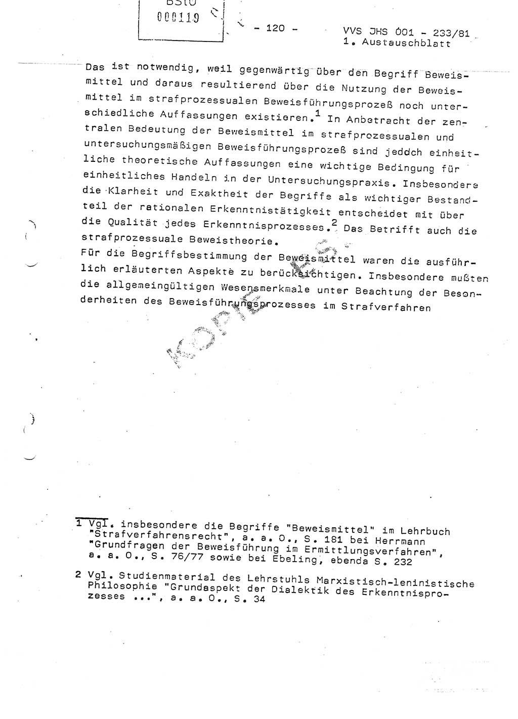 Dissertation Oberstleutnant Horst Zank (JHS), Oberstleutnant Dr. Karl-Heinz Knoblauch (JHS), Oberstleutnant Gustav-Adolf Kowalewski (HA Ⅸ), Oberstleutnant Wolfgang Plötner (HA Ⅸ), Ministerium für Staatssicherheit (MfS) [Deutsche Demokratische Republik (DDR)], Juristische Hochschule (JHS), Vertrauliche Verschlußsache (VVS) o001-233/81, Potsdam 1981, Blatt 120 (Diss. MfS DDR JHS VVS o001-233/81 1981, Bl. 120)