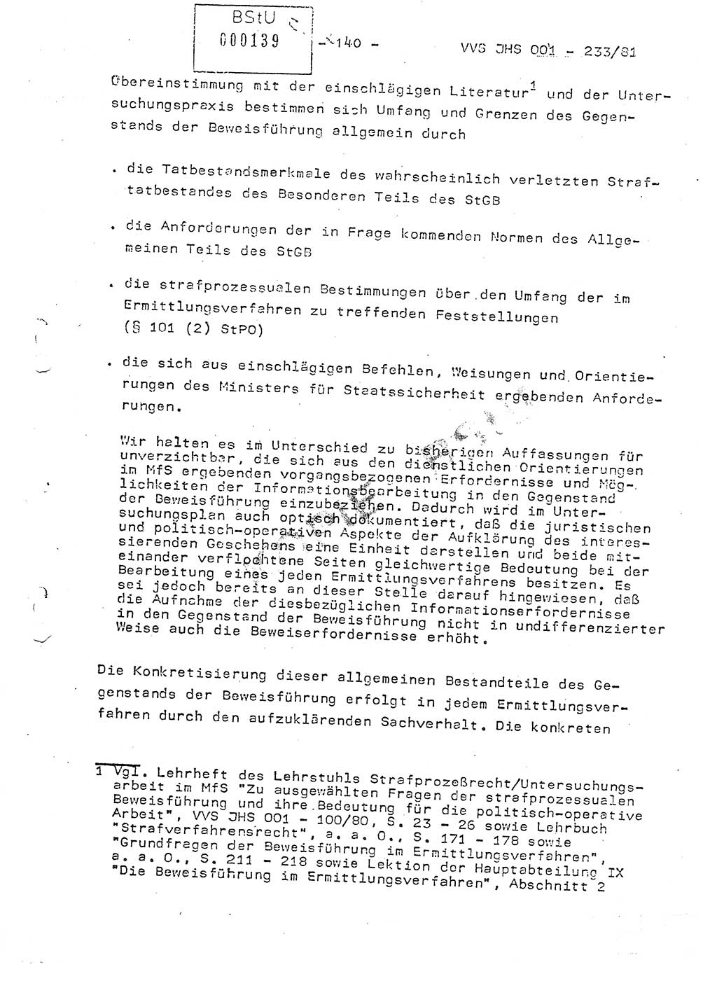Dissertation Oberstleutnant Horst Zank (JHS), Oberstleutnant Dr. Karl-Heinz Knoblauch (JHS), Oberstleutnant Gustav-Adolf Kowalewski (HA Ⅸ), Oberstleutnant Wolfgang Plötner (HA Ⅸ), Ministerium für Staatssicherheit (MfS) [Deutsche Demokratische Republik (DDR)], Juristische Hochschule (JHS), Vertrauliche Verschlußsache (VVS) o001-233/81, Potsdam 1981, Blatt 140 (Diss. MfS DDR JHS VVS o001-233/81 1981, Bl. 140)