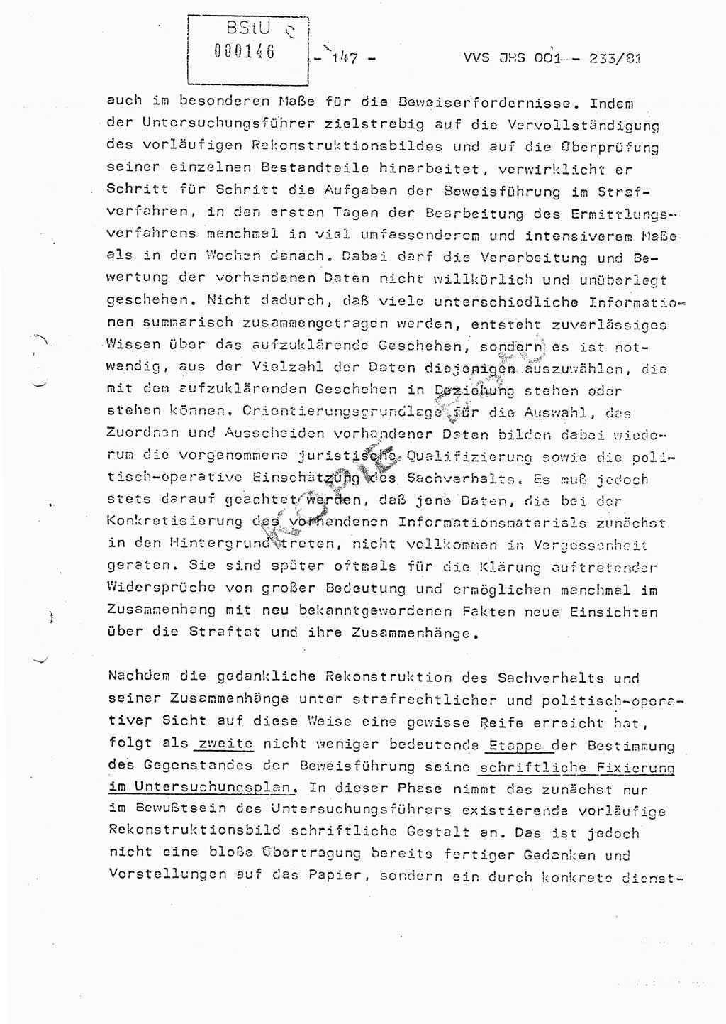 Dissertation Oberstleutnant Horst Zank (JHS), Oberstleutnant Dr. Karl-Heinz Knoblauch (JHS), Oberstleutnant Gustav-Adolf Kowalewski (HA Ⅸ), Oberstleutnant Wolfgang Plötner (HA Ⅸ), Ministerium für Staatssicherheit (MfS) [Deutsche Demokratische Republik (DDR)], Juristische Hochschule (JHS), Vertrauliche Verschlußsache (VVS) o001-233/81, Potsdam 1981, Blatt 147 (Diss. MfS DDR JHS VVS o001-233/81 1981, Bl. 147)