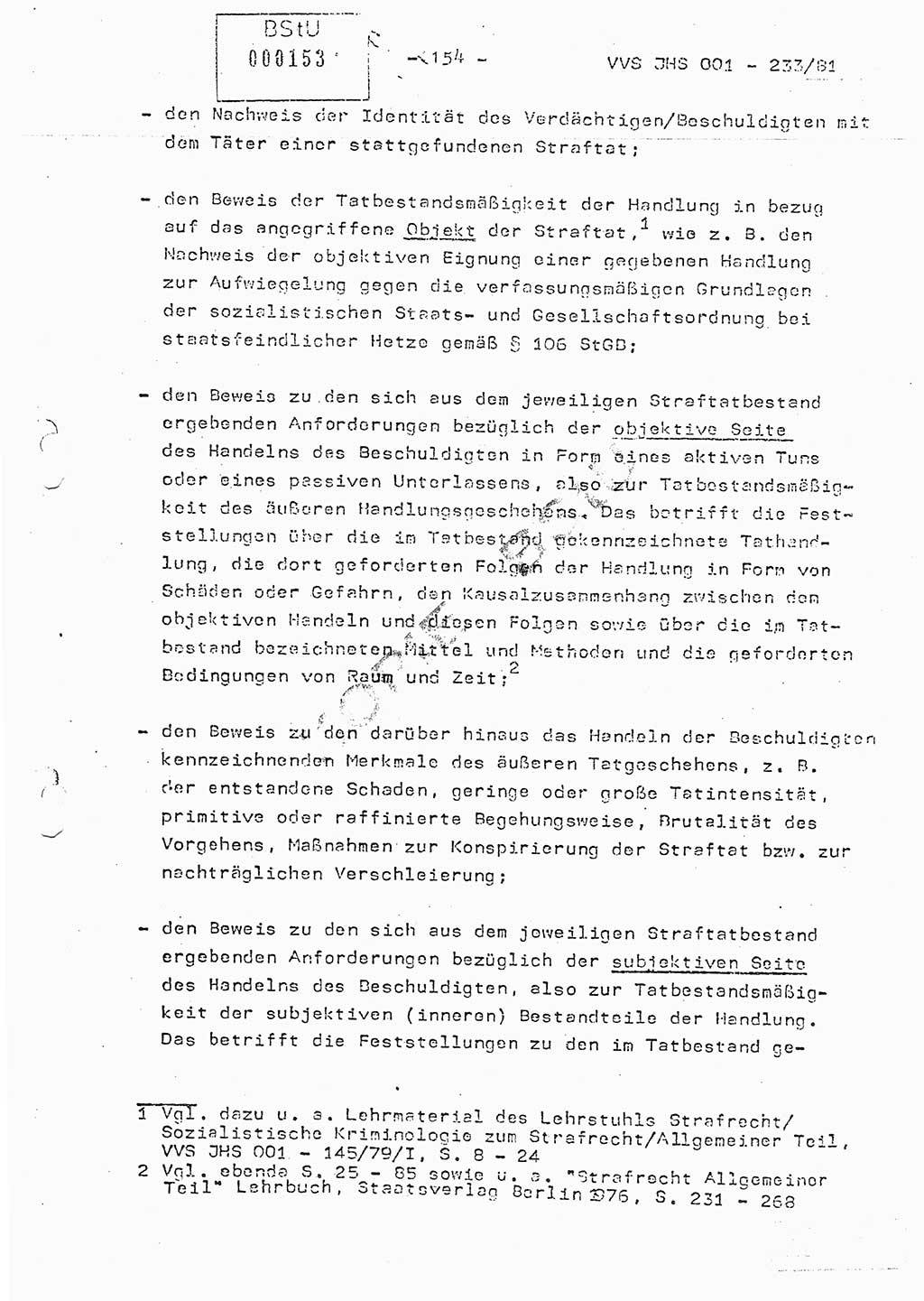 Dissertation Oberstleutnant Horst Zank (JHS), Oberstleutnant Dr. Karl-Heinz Knoblauch (JHS), Oberstleutnant Gustav-Adolf Kowalewski (HA Ⅸ), Oberstleutnant Wolfgang Plötner (HA Ⅸ), Ministerium für Staatssicherheit (MfS) [Deutsche Demokratische Republik (DDR)], Juristische Hochschule (JHS), Vertrauliche Verschlußsache (VVS) o001-233/81, Potsdam 1981, Blatt 154 (Diss. MfS DDR JHS VVS o001-233/81 1981, Bl. 154)