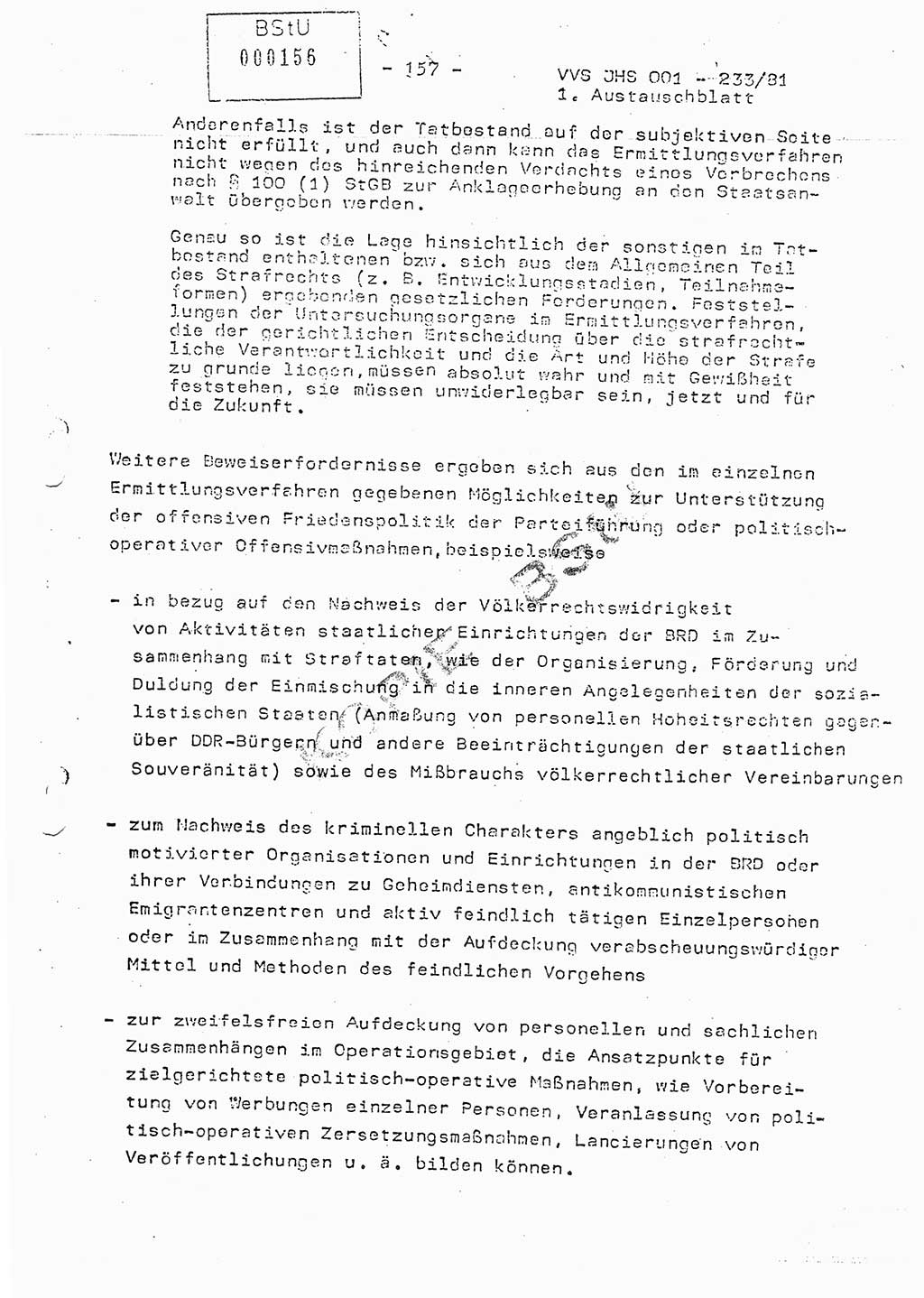 Dissertation Oberstleutnant Horst Zank (JHS), Oberstleutnant Dr. Karl-Heinz Knoblauch (JHS), Oberstleutnant Gustav-Adolf Kowalewski (HA Ⅸ), Oberstleutnant Wolfgang Plötner (HA Ⅸ), Ministerium für Staatssicherheit (MfS) [Deutsche Demokratische Republik (DDR)], Juristische Hochschule (JHS), Vertrauliche Verschlußsache (VVS) o001-233/81, Potsdam 1981, Blatt 157 (Diss. MfS DDR JHS VVS o001-233/81 1981, Bl. 157)