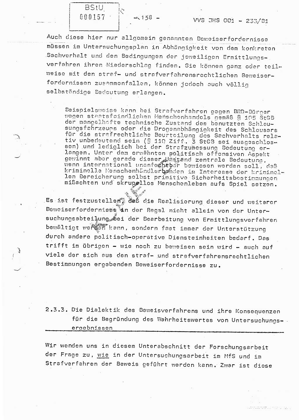Dissertation Oberstleutnant Horst Zank (JHS), Oberstleutnant Dr. Karl-Heinz Knoblauch (JHS), Oberstleutnant Gustav-Adolf Kowalewski (HA Ⅸ), Oberstleutnant Wolfgang Plötner (HA Ⅸ), Ministerium für Staatssicherheit (MfS) [Deutsche Demokratische Republik (DDR)], Juristische Hochschule (JHS), Vertrauliche Verschlußsache (VVS) o001-233/81, Potsdam 1981, Blatt 158 (Diss. MfS DDR JHS VVS o001-233/81 1981, Bl. 158)