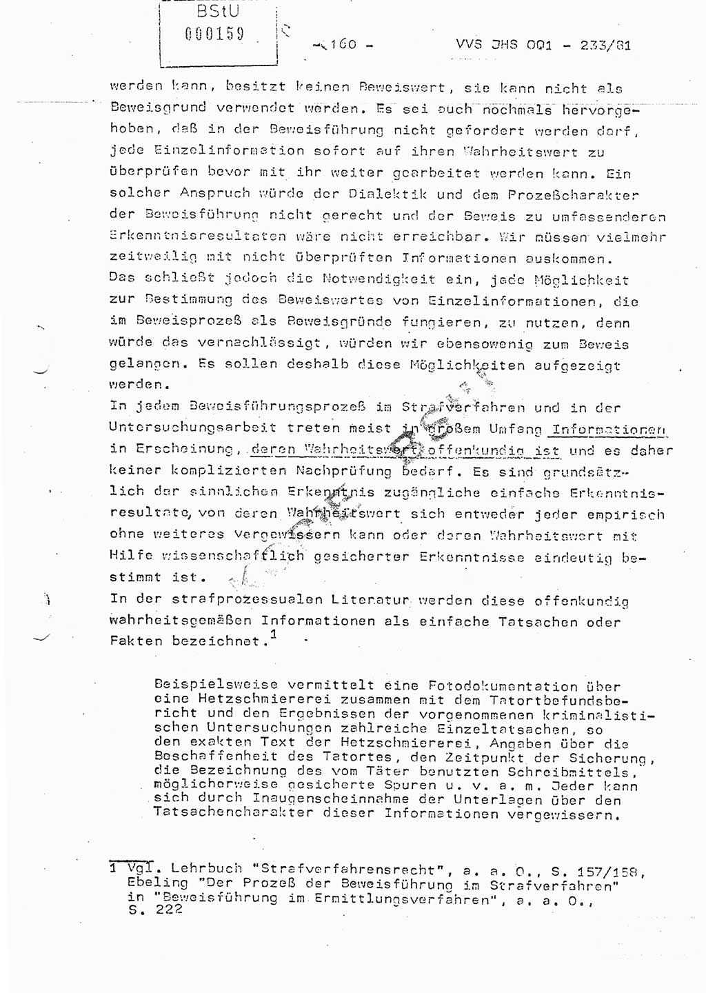 Dissertation Oberstleutnant Horst Zank (JHS), Oberstleutnant Dr. Karl-Heinz Knoblauch (JHS), Oberstleutnant Gustav-Adolf Kowalewski (HA Ⅸ), Oberstleutnant Wolfgang Plötner (HA Ⅸ), Ministerium für Staatssicherheit (MfS) [Deutsche Demokratische Republik (DDR)], Juristische Hochschule (JHS), Vertrauliche Verschlußsache (VVS) o001-233/81, Potsdam 1981, Blatt 160 (Diss. MfS DDR JHS VVS o001-233/81 1981, Bl. 160)