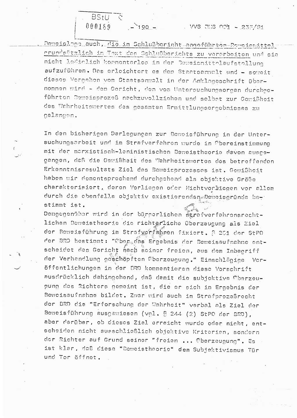 Dissertation Oberstleutnant Horst Zank (JHS), Oberstleutnant Dr. Karl-Heinz Knoblauch (JHS), Oberstleutnant Gustav-Adolf Kowalewski (HA Ⅸ), Oberstleutnant Wolfgang Plötner (HA Ⅸ), Ministerium für Staatssicherheit (MfS) [Deutsche Demokratische Republik (DDR)], Juristische Hochschule (JHS), Vertrauliche Verschlußsache (VVS) o001-233/81, Potsdam 1981, Blatt 190 (Diss. MfS DDR JHS VVS o001-233/81 1981, Bl. 190)