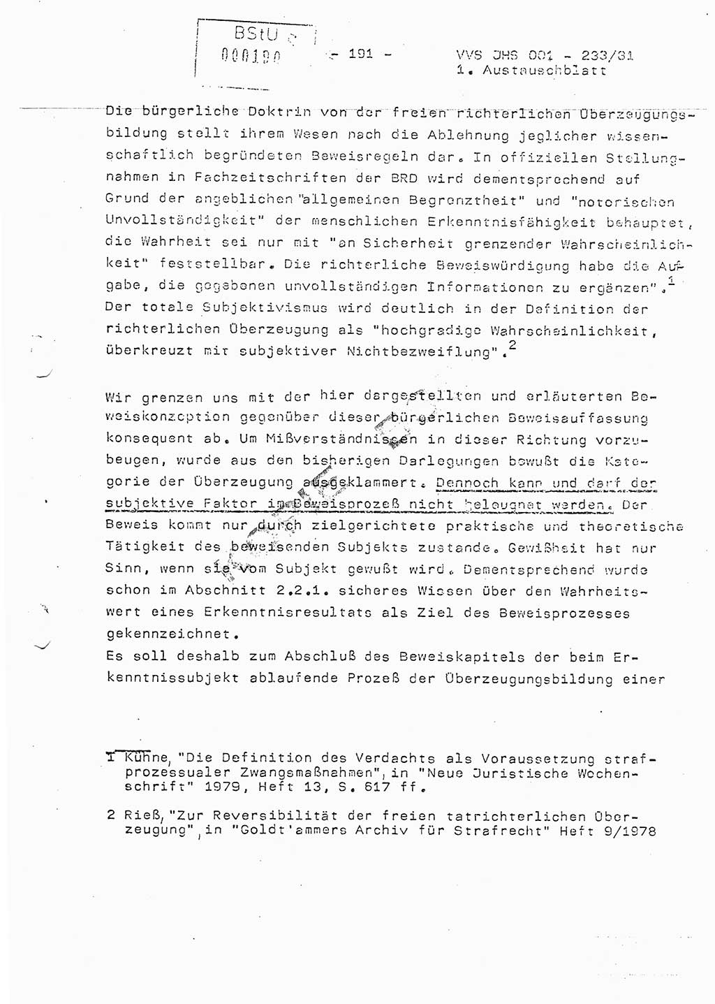 Dissertation Oberstleutnant Horst Zank (JHS), Oberstleutnant Dr. Karl-Heinz Knoblauch (JHS), Oberstleutnant Gustav-Adolf Kowalewski (HA Ⅸ), Oberstleutnant Wolfgang Plötner (HA Ⅸ), Ministerium für Staatssicherheit (MfS) [Deutsche Demokratische Republik (DDR)], Juristische Hochschule (JHS), Vertrauliche Verschlußsache (VVS) o001-233/81, Potsdam 1981, Blatt 191 (Diss. MfS DDR JHS VVS o001-233/81 1981, Bl. 191)