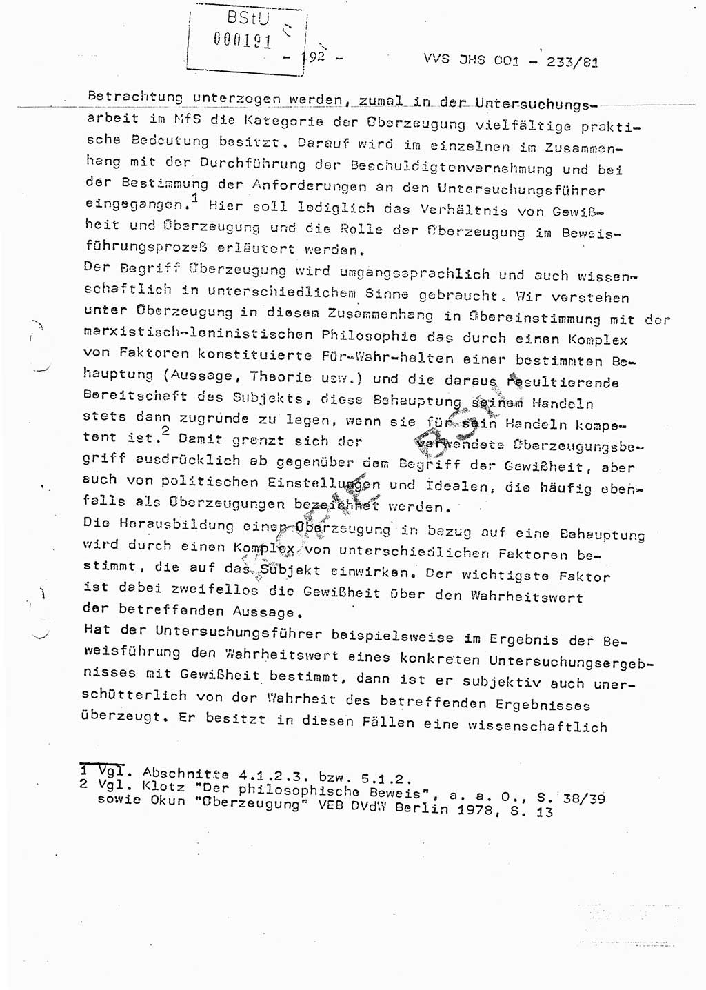 Dissertation Oberstleutnant Horst Zank (JHS), Oberstleutnant Dr. Karl-Heinz Knoblauch (JHS), Oberstleutnant Gustav-Adolf Kowalewski (HA Ⅸ), Oberstleutnant Wolfgang Plötner (HA Ⅸ), Ministerium für Staatssicherheit (MfS) [Deutsche Demokratische Republik (DDR)], Juristische Hochschule (JHS), Vertrauliche Verschlußsache (VVS) o001-233/81, Potsdam 1981, Blatt 192 (Diss. MfS DDR JHS VVS o001-233/81 1981, Bl. 192)