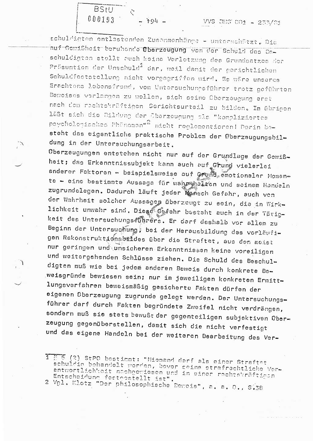 Dissertation Oberstleutnant Horst Zank (JHS), Oberstleutnant Dr. Karl-Heinz Knoblauch (JHS), Oberstleutnant Gustav-Adolf Kowalewski (HA Ⅸ), Oberstleutnant Wolfgang Plötner (HA Ⅸ), Ministerium für Staatssicherheit (MfS) [Deutsche Demokratische Republik (DDR)], Juristische Hochschule (JHS), Vertrauliche Verschlußsache (VVS) o001-233/81, Potsdam 1981, Blatt 194 (Diss. MfS DDR JHS VVS o001-233/81 1981, Bl. 194)