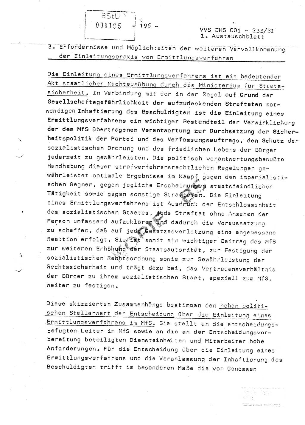 Dissertation Oberstleutnant Horst Zank (JHS), Oberstleutnant Dr. Karl-Heinz Knoblauch (JHS), Oberstleutnant Gustav-Adolf Kowalewski (HA Ⅸ), Oberstleutnant Wolfgang Plötner (HA Ⅸ), Ministerium für Staatssicherheit (MfS) [Deutsche Demokratische Republik (DDR)], Juristische Hochschule (JHS), Vertrauliche Verschlußsache (VVS) o001-233/81, Potsdam 1981, Blatt 196 (Diss. MfS DDR JHS VVS o001-233/81 1981, Bl. 196)