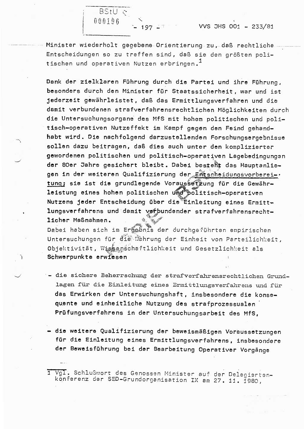 Dissertation Oberstleutnant Horst Zank (JHS), Oberstleutnant Dr. Karl-Heinz Knoblauch (JHS), Oberstleutnant Gustav-Adolf Kowalewski (HA Ⅸ), Oberstleutnant Wolfgang Plötner (HA Ⅸ), Ministerium für Staatssicherheit (MfS) [Deutsche Demokratische Republik (DDR)], Juristische Hochschule (JHS), Vertrauliche Verschlußsache (VVS) o001-233/81, Potsdam 1981, Blatt 197 (Diss. MfS DDR JHS VVS o001-233/81 1981, Bl. 197)