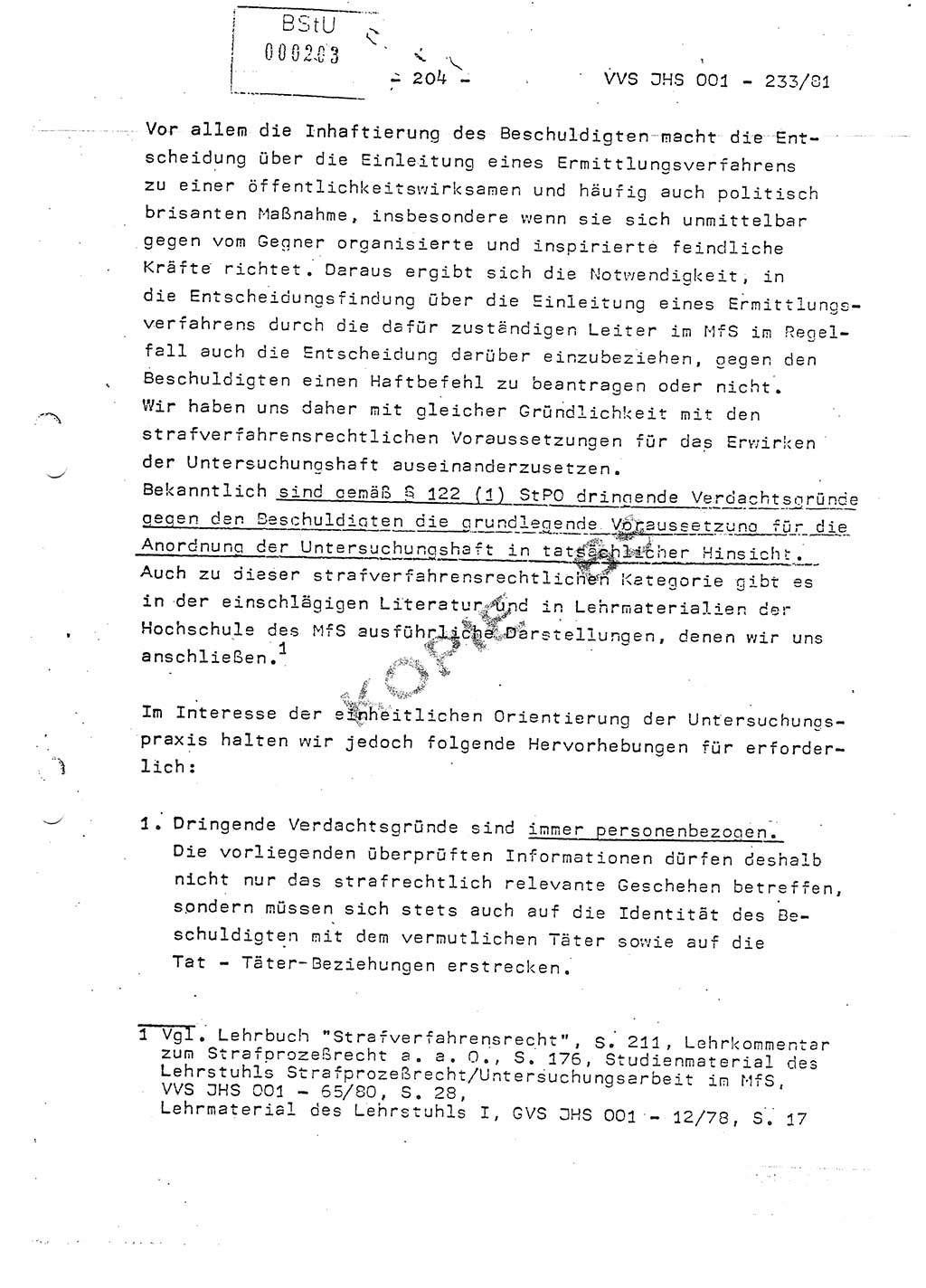 Dissertation Oberstleutnant Horst Zank (JHS), Oberstleutnant Dr. Karl-Heinz Knoblauch (JHS), Oberstleutnant Gustav-Adolf Kowalewski (HA Ⅸ), Oberstleutnant Wolfgang Plötner (HA Ⅸ), Ministerium für Staatssicherheit (MfS) [Deutsche Demokratische Republik (DDR)], Juristische Hochschule (JHS), Vertrauliche Verschlußsache (VVS) o001-233/81, Potsdam 1981, Blatt 204 (Diss. MfS DDR JHS VVS o001-233/81 1981, Bl. 204)