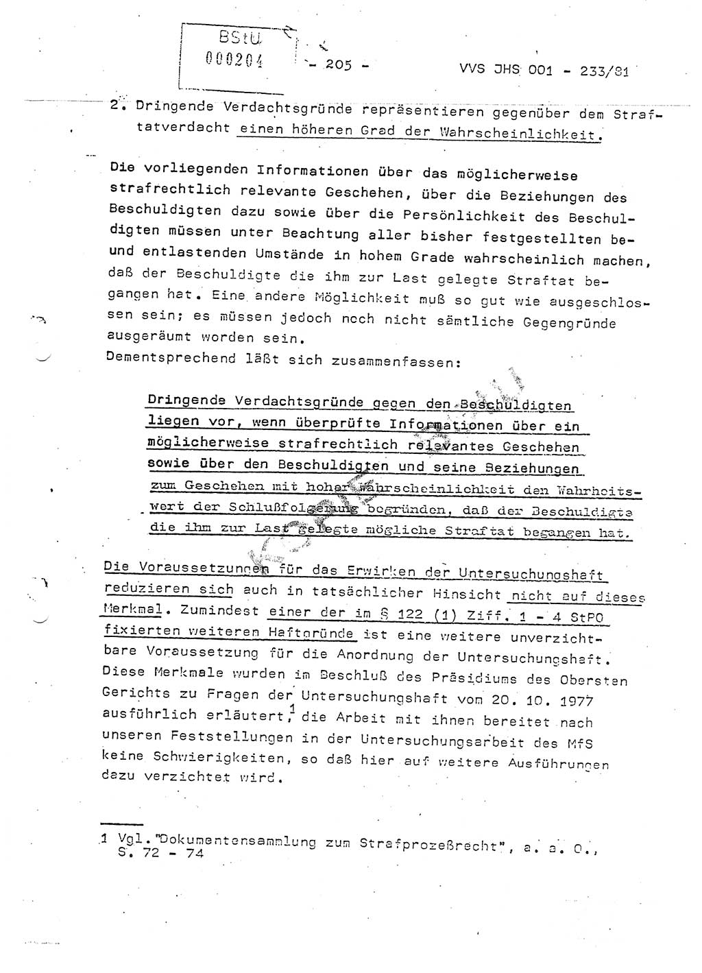 Dissertation Oberstleutnant Horst Zank (JHS), Oberstleutnant Dr. Karl-Heinz Knoblauch (JHS), Oberstleutnant Gustav-Adolf Kowalewski (HA Ⅸ), Oberstleutnant Wolfgang Plötner (HA Ⅸ), Ministerium für Staatssicherheit (MfS) [Deutsche Demokratische Republik (DDR)], Juristische Hochschule (JHS), Vertrauliche Verschlußsache (VVS) o001-233/81, Potsdam 1981, Blatt 205 (Diss. MfS DDR JHS VVS o001-233/81 1981, Bl. 205)
