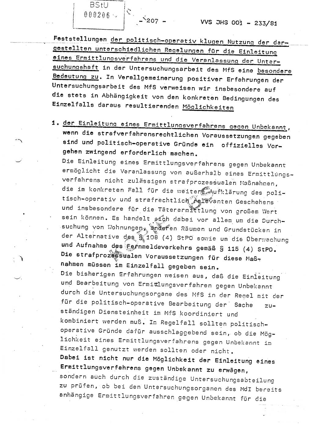 Dissertation Oberstleutnant Horst Zank (JHS), Oberstleutnant Dr. Karl-Heinz Knoblauch (JHS), Oberstleutnant Gustav-Adolf Kowalewski (HA Ⅸ), Oberstleutnant Wolfgang Plötner (HA Ⅸ), Ministerium für Staatssicherheit (MfS) [Deutsche Demokratische Republik (DDR)], Juristische Hochschule (JHS), Vertrauliche Verschlußsache (VVS) o001-233/81, Potsdam 1981, Blatt 207 (Diss. MfS DDR JHS VVS o001-233/81 1981, Bl. 207)