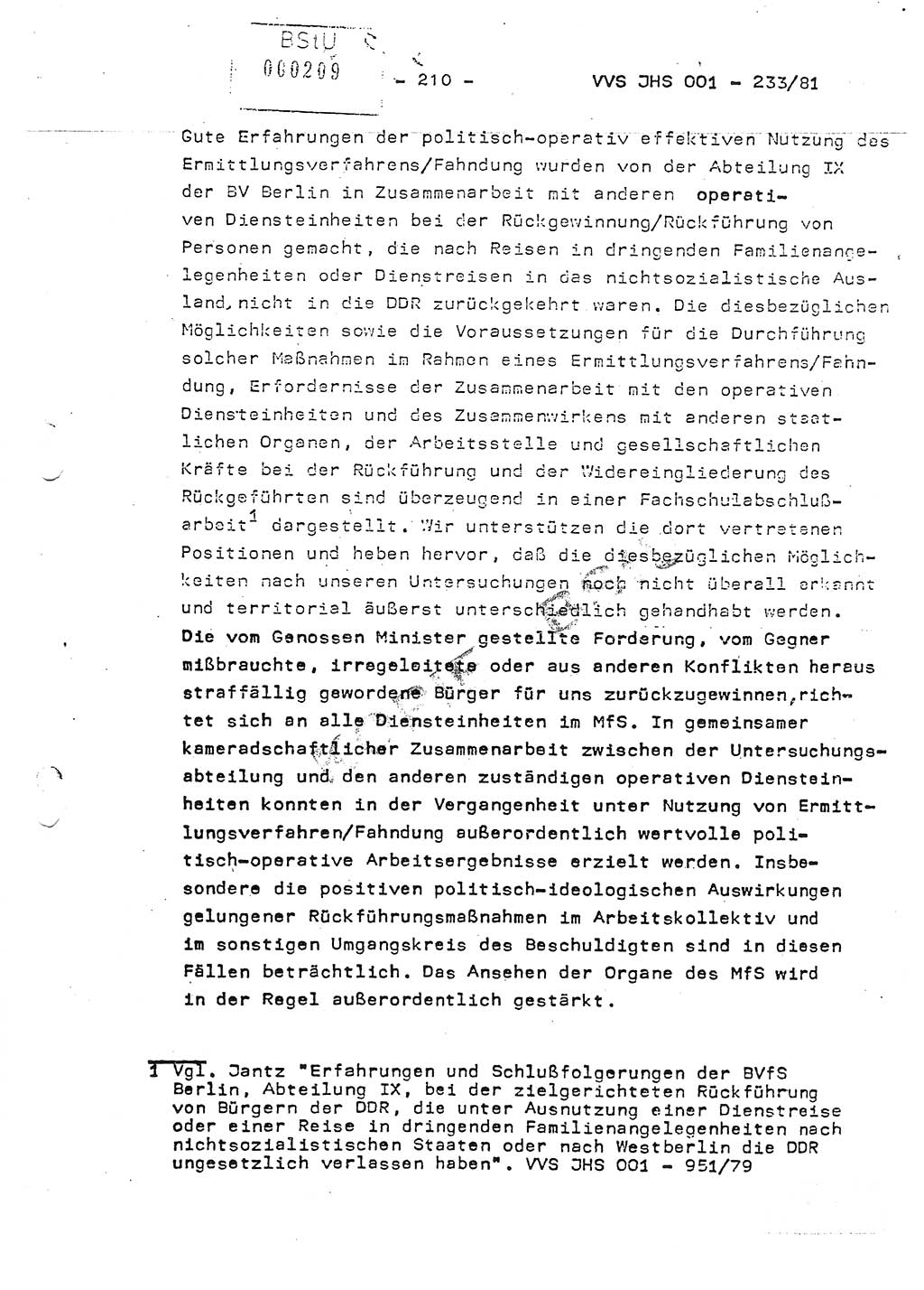 Dissertation Oberstleutnant Horst Zank (JHS), Oberstleutnant Dr. Karl-Heinz Knoblauch (JHS), Oberstleutnant Gustav-Adolf Kowalewski (HA Ⅸ), Oberstleutnant Wolfgang Plötner (HA Ⅸ), Ministerium für Staatssicherheit (MfS) [Deutsche Demokratische Republik (DDR)], Juristische Hochschule (JHS), Vertrauliche Verschlußsache (VVS) o001-233/81, Potsdam 1981, Blatt 210 (Diss. MfS DDR JHS VVS o001-233/81 1981, Bl. 210)