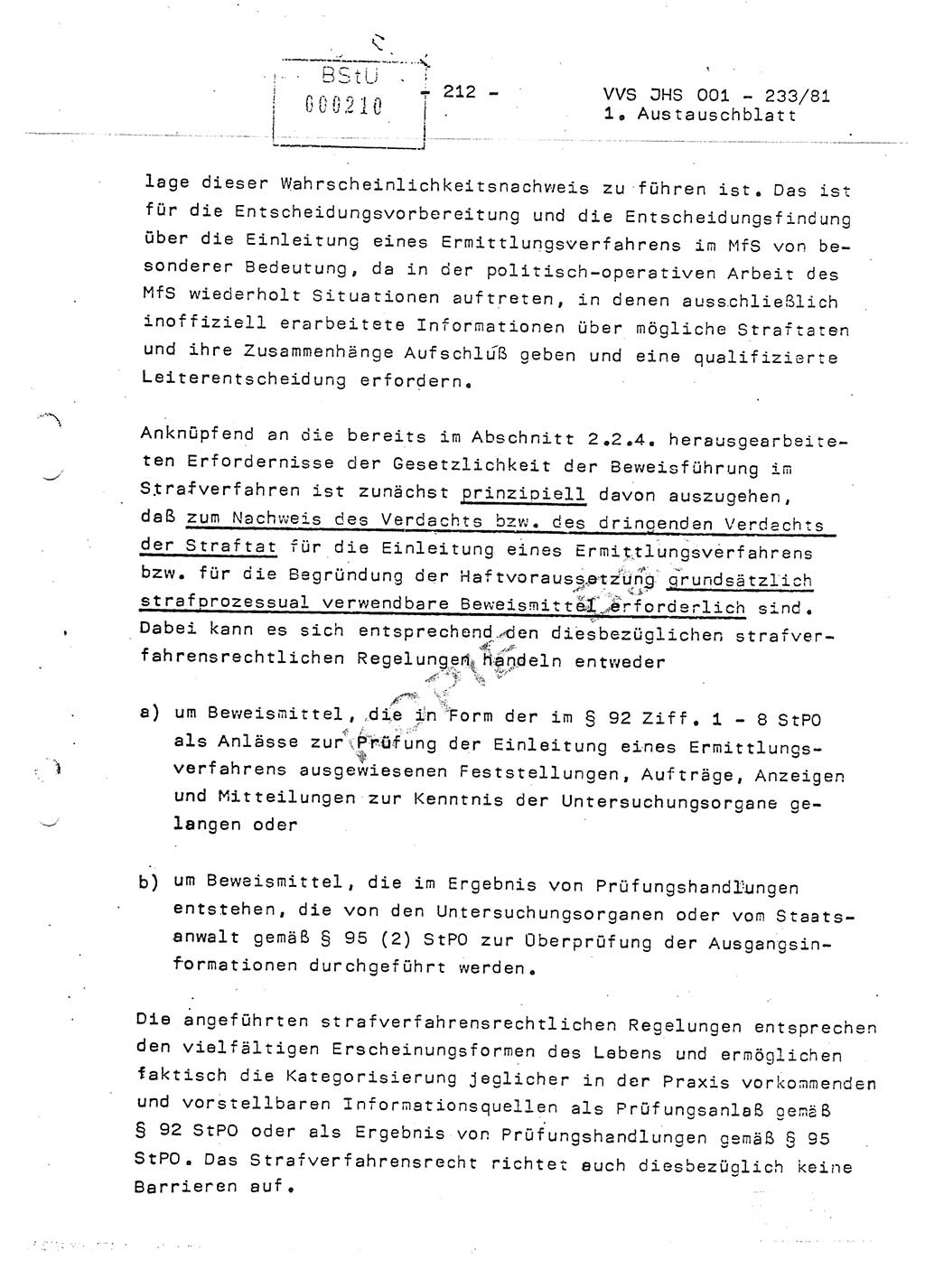 Dissertation Oberstleutnant Horst Zank (JHS), Oberstleutnant Dr. Karl-Heinz Knoblauch (JHS), Oberstleutnant Gustav-Adolf Kowalewski (HA Ⅸ), Oberstleutnant Wolfgang Plötner (HA Ⅸ), Ministerium für Staatssicherheit (MfS) [Deutsche Demokratische Republik (DDR)], Juristische Hochschule (JHS), Vertrauliche Verschlußsache (VVS) o001-233/81, Potsdam 1981, Blatt 212 (Diss. MfS DDR JHS VVS o001-233/81 1981, Bl. 212)