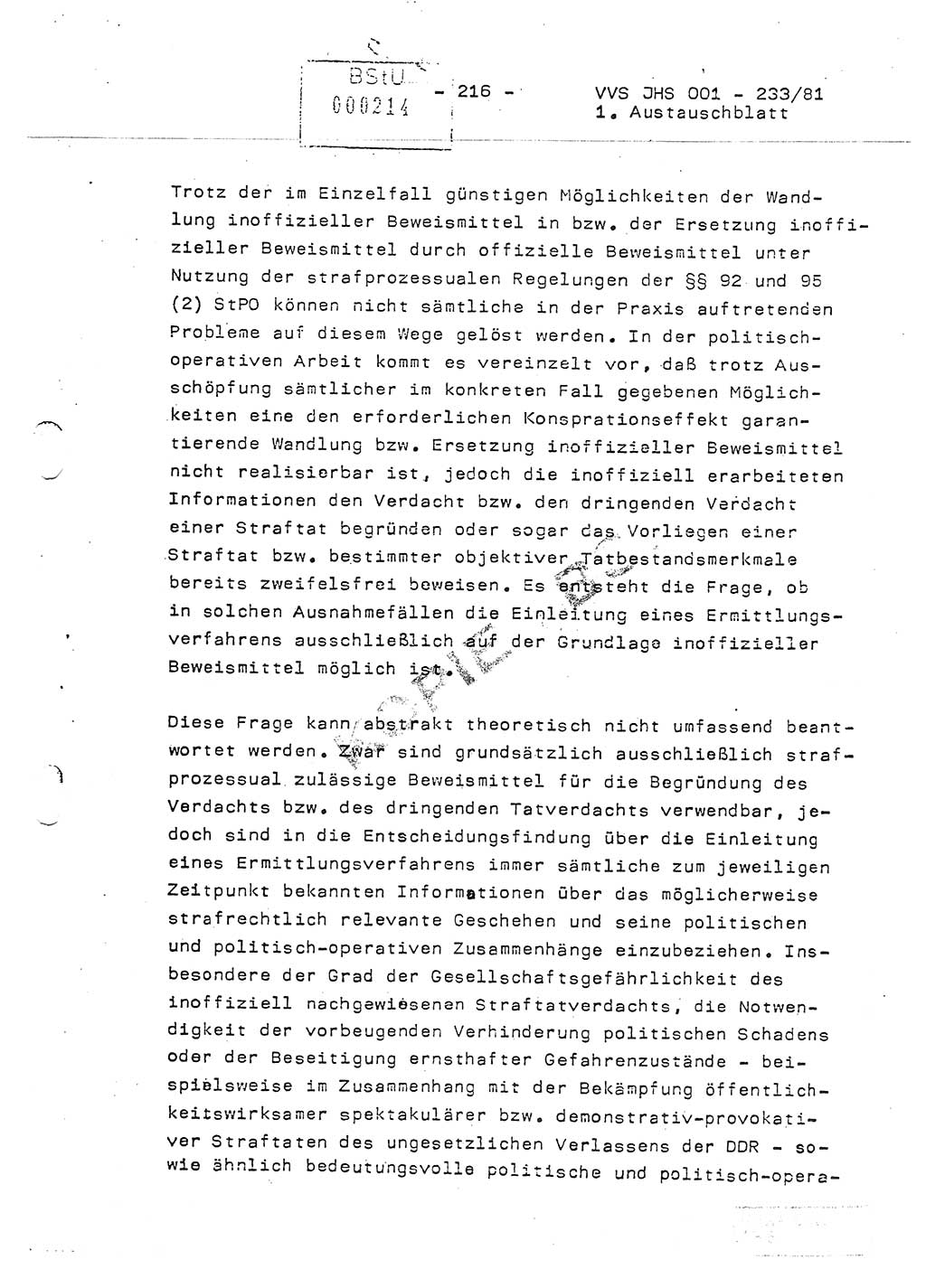 Dissertation Oberstleutnant Horst Zank (JHS), Oberstleutnant Dr. Karl-Heinz Knoblauch (JHS), Oberstleutnant Gustav-Adolf Kowalewski (HA Ⅸ), Oberstleutnant Wolfgang Plötner (HA Ⅸ), Ministerium für Staatssicherheit (MfS) [Deutsche Demokratische Republik (DDR)], Juristische Hochschule (JHS), Vertrauliche Verschlußsache (VVS) o001-233/81, Potsdam 1981, Blatt 216 (Diss. MfS DDR JHS VVS o001-233/81 1981, Bl. 216)