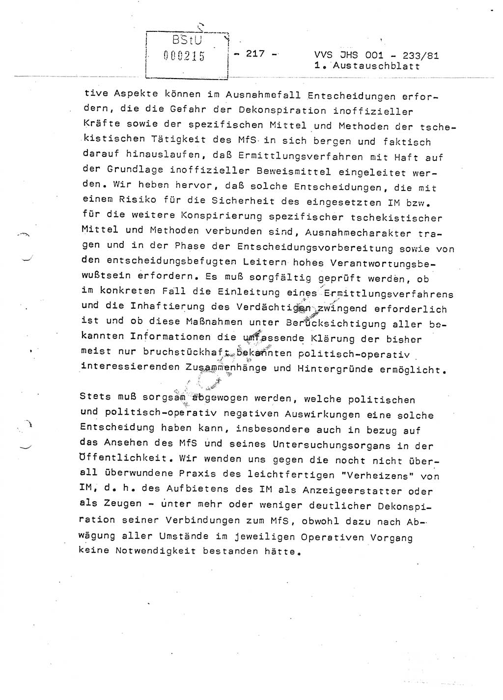 Dissertation Oberstleutnant Horst Zank (JHS), Oberstleutnant Dr. Karl-Heinz Knoblauch (JHS), Oberstleutnant Gustav-Adolf Kowalewski (HA Ⅸ), Oberstleutnant Wolfgang Plötner (HA Ⅸ), Ministerium für Staatssicherheit (MfS) [Deutsche Demokratische Republik (DDR)], Juristische Hochschule (JHS), Vertrauliche Verschlußsache (VVS) o001-233/81, Potsdam 1981, Blatt 217 (Diss. MfS DDR JHS VVS o001-233/81 1981, Bl. 217)