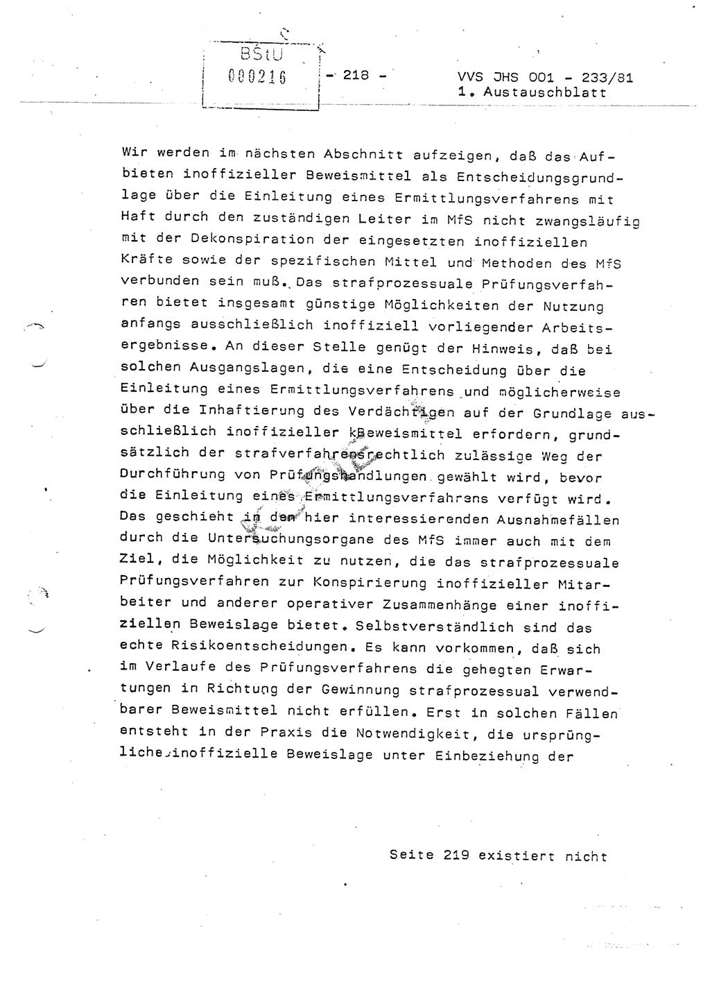 Dissertation Oberstleutnant Horst Zank (JHS), Oberstleutnant Dr. Karl-Heinz Knoblauch (JHS), Oberstleutnant Gustav-Adolf Kowalewski (HA Ⅸ), Oberstleutnant Wolfgang Plötner (HA Ⅸ), Ministerium für Staatssicherheit (MfS) [Deutsche Demokratische Republik (DDR)], Juristische Hochschule (JHS), Vertrauliche Verschlußsache (VVS) o001-233/81, Potsdam 1981, Blatt 218 (Diss. MfS DDR JHS VVS o001-233/81 1981, Bl. 218)