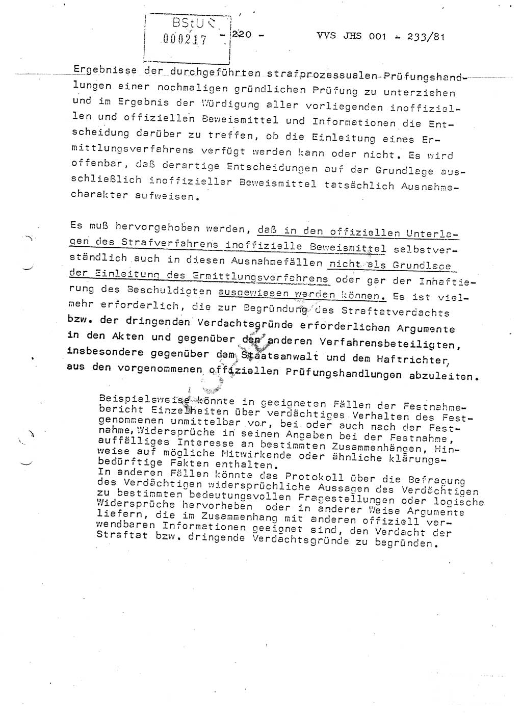 Dissertation Oberstleutnant Horst Zank (JHS), Oberstleutnant Dr. Karl-Heinz Knoblauch (JHS), Oberstleutnant Gustav-Adolf Kowalewski (HA Ⅸ), Oberstleutnant Wolfgang Plötner (HA Ⅸ), Ministerium für Staatssicherheit (MfS) [Deutsche Demokratische Republik (DDR)], Juristische Hochschule (JHS), Vertrauliche Verschlußsache (VVS) o001-233/81, Potsdam 1981, Blatt 220 (Diss. MfS DDR JHS VVS o001-233/81 1981, Bl. 220)