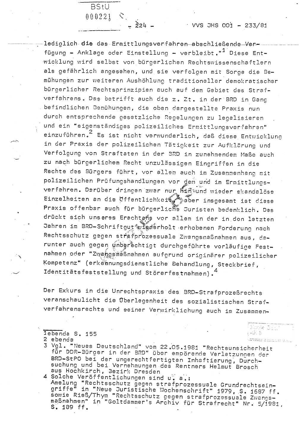 Dissertation Oberstleutnant Horst Zank (JHS), Oberstleutnant Dr. Karl-Heinz Knoblauch (JHS), Oberstleutnant Gustav-Adolf Kowalewski (HA Ⅸ), Oberstleutnant Wolfgang Plötner (HA Ⅸ), Ministerium für Staatssicherheit (MfS) [Deutsche Demokratische Republik (DDR)], Juristische Hochschule (JHS), Vertrauliche Verschlußsache (VVS) o001-233/81, Potsdam 1981, Blatt 224 (Diss. MfS DDR JHS VVS o001-233/81 1981, Bl. 224)