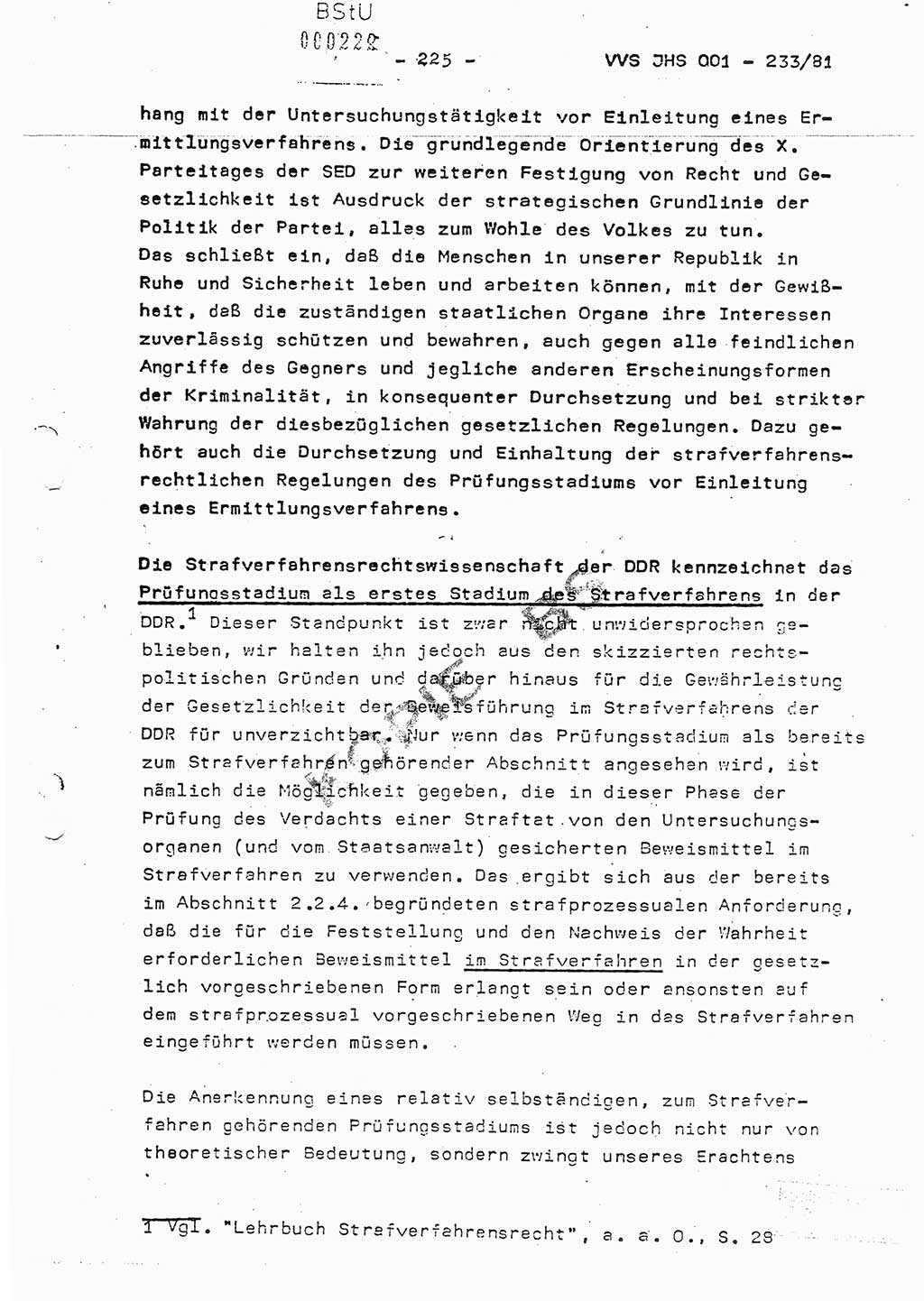 Dissertation Oberstleutnant Horst Zank (JHS), Oberstleutnant Dr. Karl-Heinz Knoblauch (JHS), Oberstleutnant Gustav-Adolf Kowalewski (HA Ⅸ), Oberstleutnant Wolfgang Plötner (HA Ⅸ), Ministerium für Staatssicherheit (MfS) [Deutsche Demokratische Republik (DDR)], Juristische Hochschule (JHS), Vertrauliche Verschlußsache (VVS) o001-233/81, Potsdam 1981, Blatt 225 (Diss. MfS DDR JHS VVS o001-233/81 1981, Bl. 225)