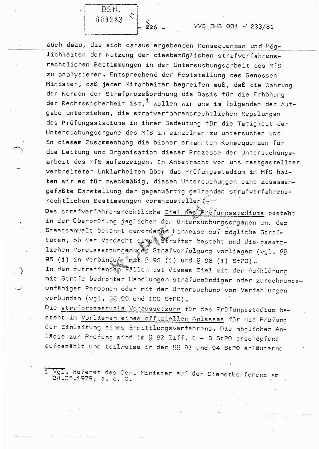 Dissertation Oberstleutnant Horst Zank (JHS), Oberstleutnant Dr. Karl-Heinz Knoblauch (JHS), Oberstleutnant Gustav-Adolf Kowalewski (HA Ⅸ), Oberstleutnant Wolfgang Plötner (HA Ⅸ), Ministerium für Staatssicherheit (MfS) [Deutsche Demokratische Republik (DDR)], Juristische Hochschule (JHS), Vertrauliche Verschlußsache (VVS) o001-233/81, Potsdam 1981, Blatt 226 (Diss. MfS DDR JHS VVS o001-233/81 1981, Bl. 226)