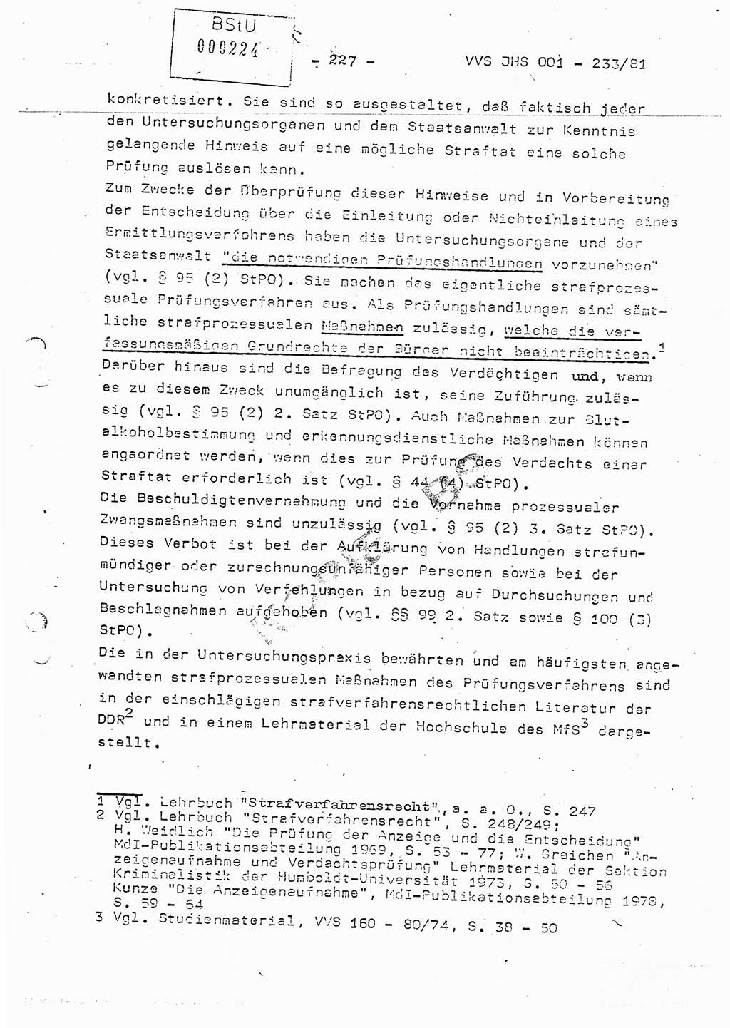 Dissertation Oberstleutnant Horst Zank (JHS), Oberstleutnant Dr. Karl-Heinz Knoblauch (JHS), Oberstleutnant Gustav-Adolf Kowalewski (HA Ⅸ), Oberstleutnant Wolfgang Plötner (HA Ⅸ), Ministerium für Staatssicherheit (MfS) [Deutsche Demokratische Republik (DDR)], Juristische Hochschule (JHS), Vertrauliche Verschlußsache (VVS) o001-233/81, Potsdam 1981, Blatt 227 (Diss. MfS DDR JHS VVS o001-233/81 1981, Bl. 227)