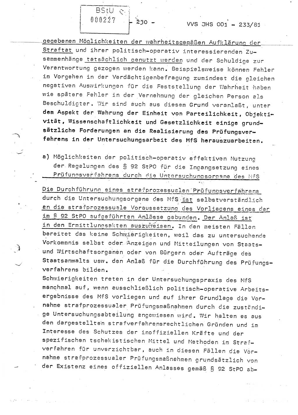 Dissertation Oberstleutnant Horst Zank (JHS), Oberstleutnant Dr. Karl-Heinz Knoblauch (JHS), Oberstleutnant Gustav-Adolf Kowalewski (HA Ⅸ), Oberstleutnant Wolfgang Plötner (HA Ⅸ), Ministerium für Staatssicherheit (MfS) [Deutsche Demokratische Republik (DDR)], Juristische Hochschule (JHS), Vertrauliche Verschlußsache (VVS) o001-233/81, Potsdam 1981, Blatt 230 (Diss. MfS DDR JHS VVS o001-233/81 1981, Bl. 230)