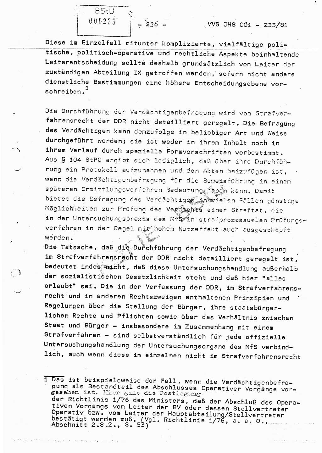 Dissertation Oberstleutnant Horst Zank (JHS), Oberstleutnant Dr. Karl-Heinz Knoblauch (JHS), Oberstleutnant Gustav-Adolf Kowalewski (HA Ⅸ), Oberstleutnant Wolfgang Plötner (HA Ⅸ), Ministerium für Staatssicherheit (MfS) [Deutsche Demokratische Republik (DDR)], Juristische Hochschule (JHS), Vertrauliche Verschlußsache (VVS) o001-233/81, Potsdam 1981, Blatt 236 (Diss. MfS DDR JHS VVS o001-233/81 1981, Bl. 236)