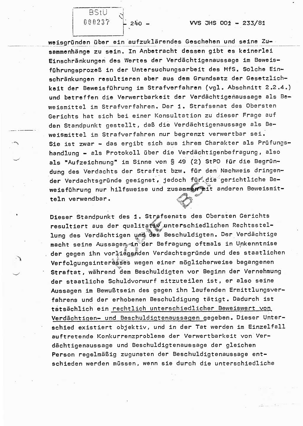 Dissertation Oberstleutnant Horst Zank (JHS), Oberstleutnant Dr. Karl-Heinz Knoblauch (JHS), Oberstleutnant Gustav-Adolf Kowalewski (HA Ⅸ), Oberstleutnant Wolfgang Plötner (HA Ⅸ), Ministerium für Staatssicherheit (MfS) [Deutsche Demokratische Republik (DDR)], Juristische Hochschule (JHS), Vertrauliche Verschlußsache (VVS) o001-233/81, Potsdam 1981, Blatt 240 (Diss. MfS DDR JHS VVS o001-233/81 1981, Bl. 240)