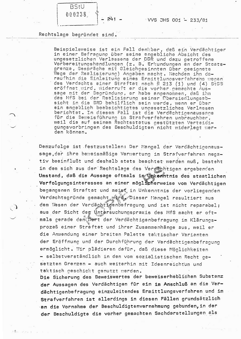 Dissertation Oberstleutnant Horst Zank (JHS), Oberstleutnant Dr. Karl-Heinz Knoblauch (JHS), Oberstleutnant Gustav-Adolf Kowalewski (HA Ⅸ), Oberstleutnant Wolfgang Plötner (HA Ⅸ), Ministerium für Staatssicherheit (MfS) [Deutsche Demokratische Republik (DDR)], Juristische Hochschule (JHS), Vertrauliche Verschlußsache (VVS) o001-233/81, Potsdam 1981, Blatt 241 (Diss. MfS DDR JHS VVS o001-233/81 1981, Bl. 241)